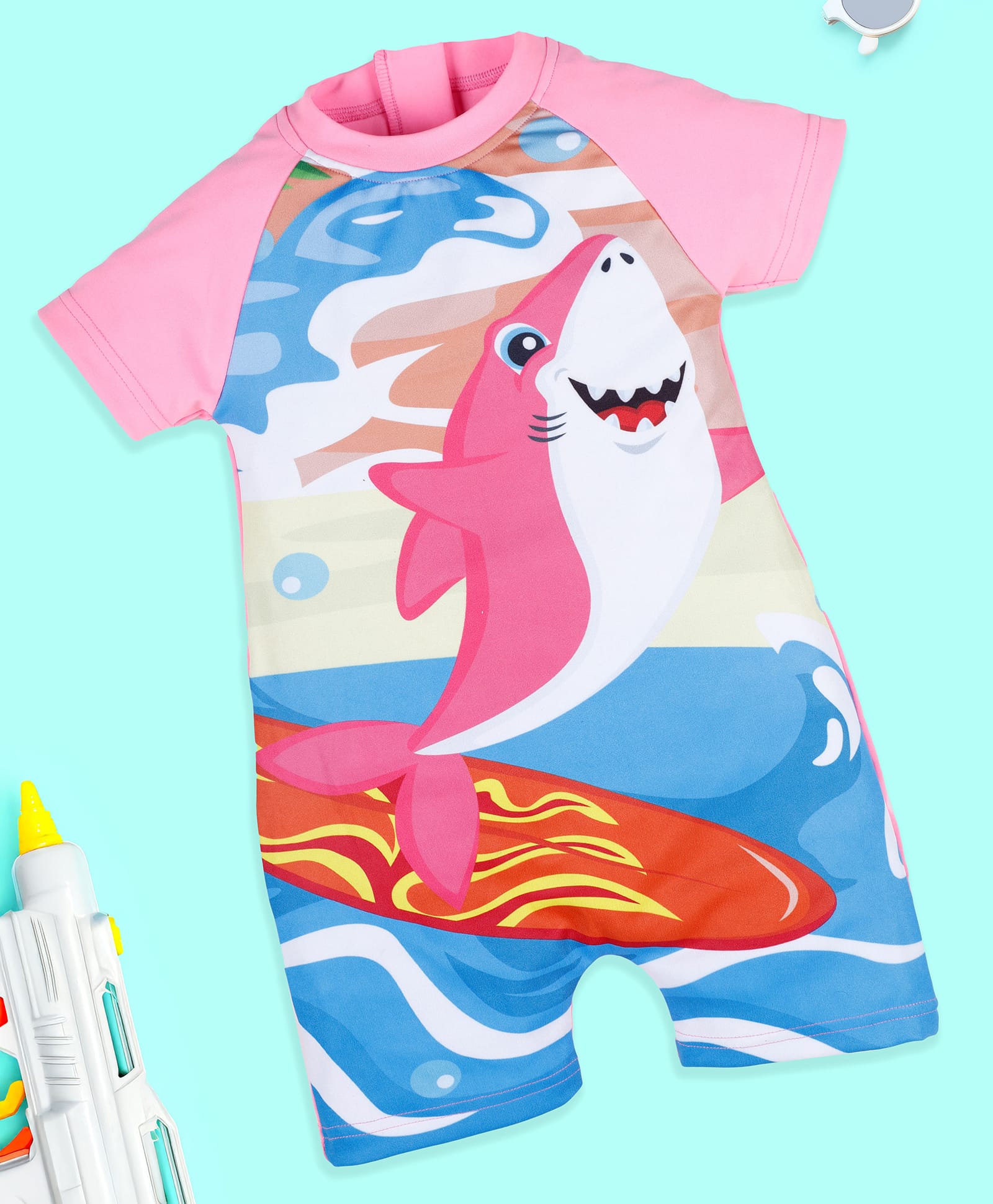 Kiddopanti Half Raglan Sleeves Shark Printed Swimsuit - Neon Pink-image-4