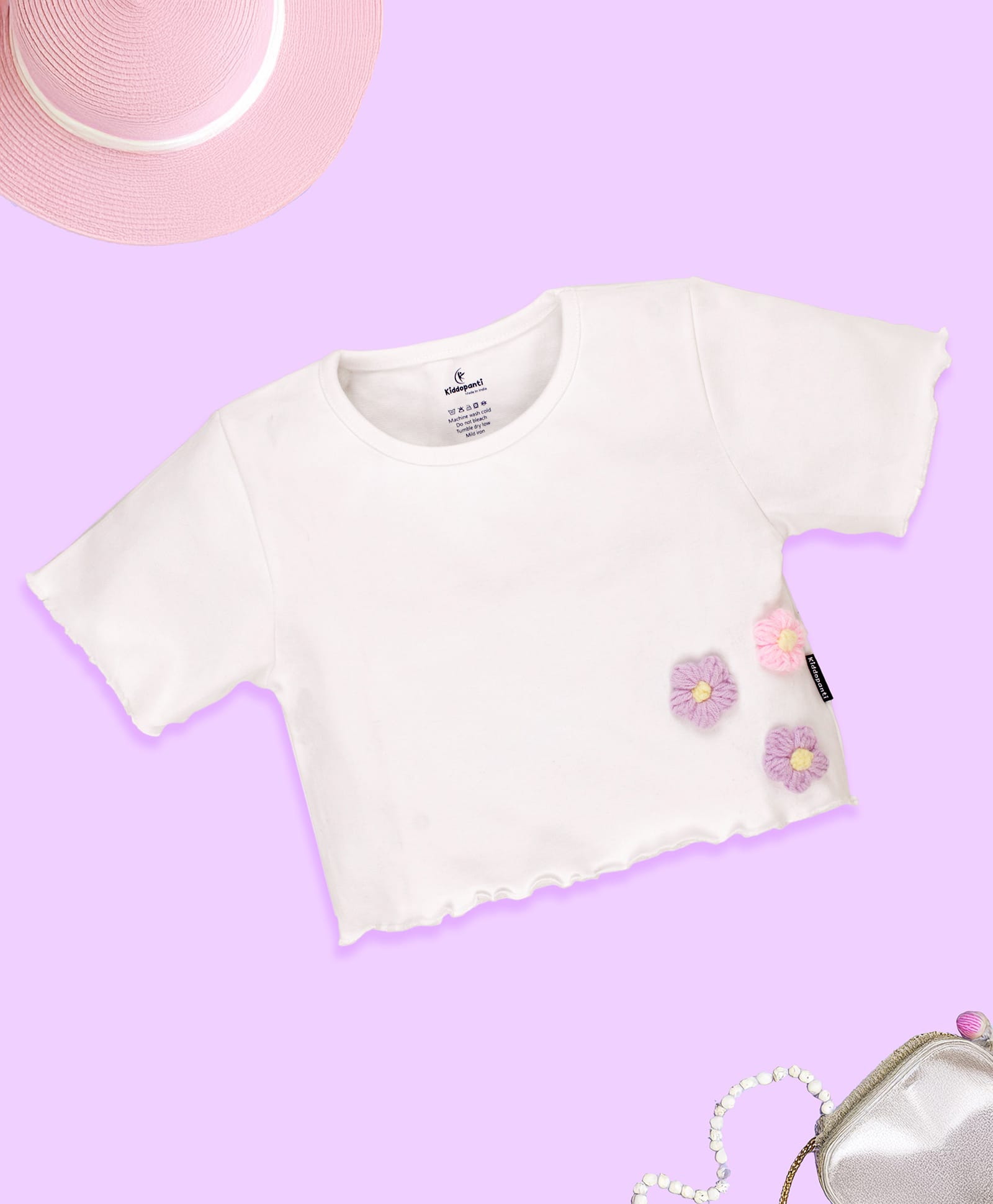 Kiddopanti Cotton Knit Half Sleeves Rib Crop Tee With 3D Flower Crochet Applique - White-picture-19
