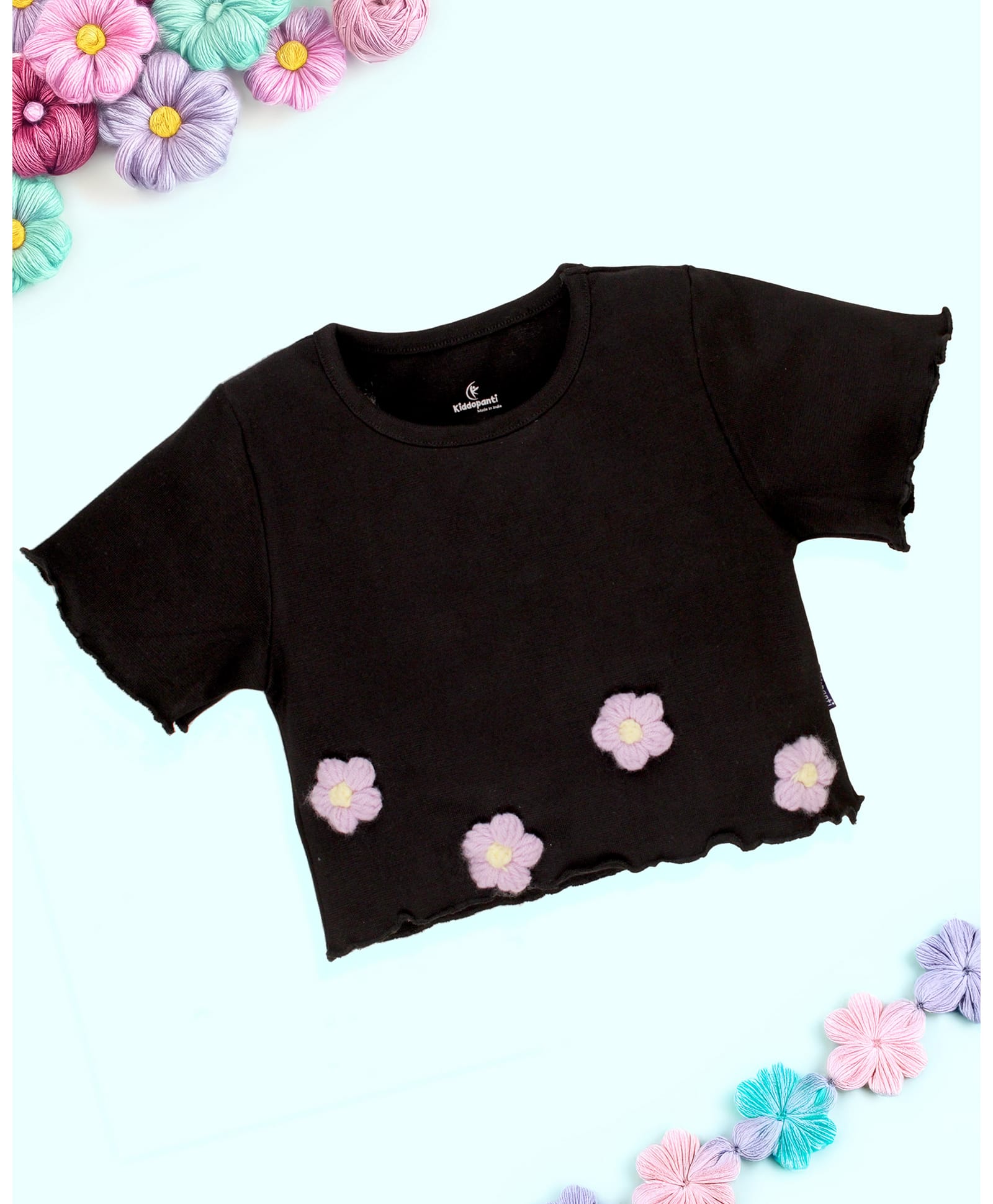 Kiddopanti Cotton Knit Half Sleeves Rib Crop T-Shirt With 3D Lavender Flower Crochet - Black-picture-26