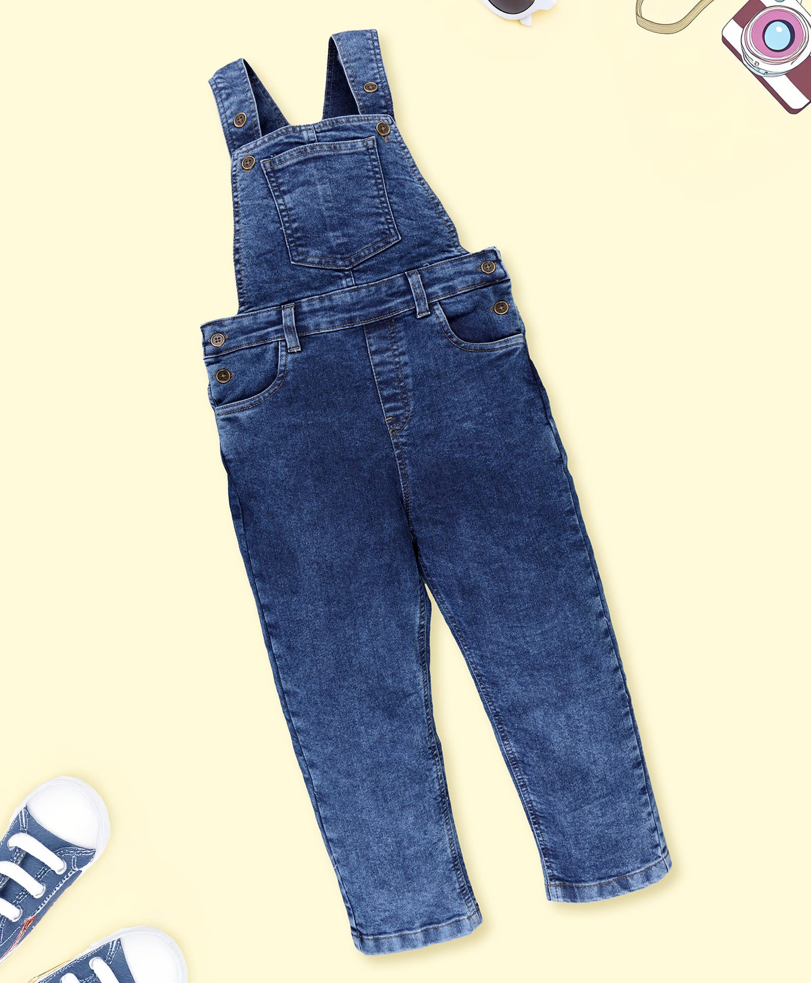 Kiddopanti Denim Woven Sleeveless Washed Dungaree Pant- Blue-picture-37