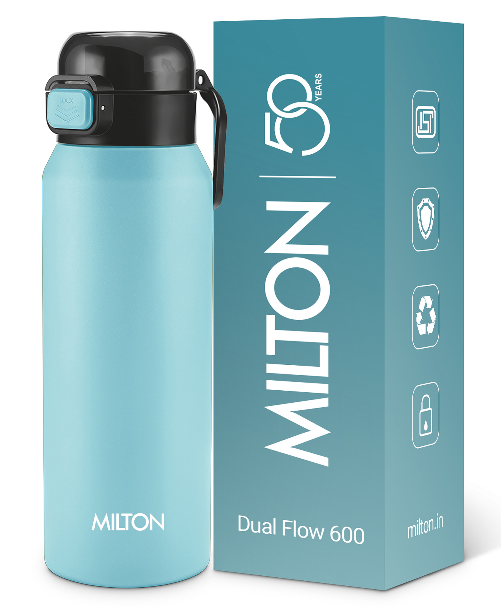 Milton Dual Flow 600 Thermosteel Water Bottle 595 ml with One Touch Safety Lock & Twin Lid Sip or Gulp,Long Hours Hot & Cold,Leak Proof,ISI Certified,Vacuum Insulated,for Office,Gym,School,Sea Blue-image-43