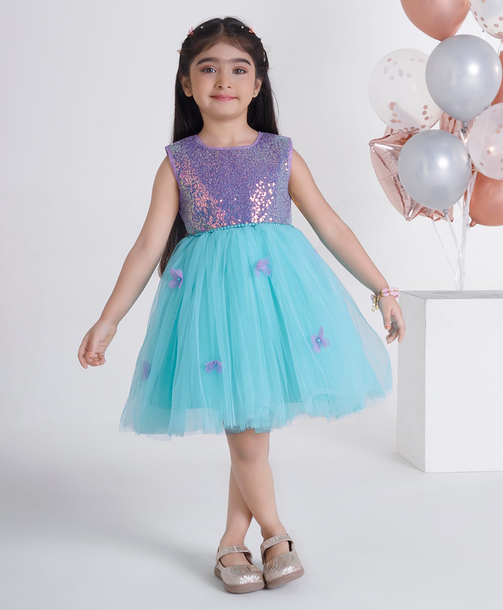 Ministitch Net Woven Sleeveless Sequence Body With 3D Butterfly Applique Party Frock - Purple-picture-22