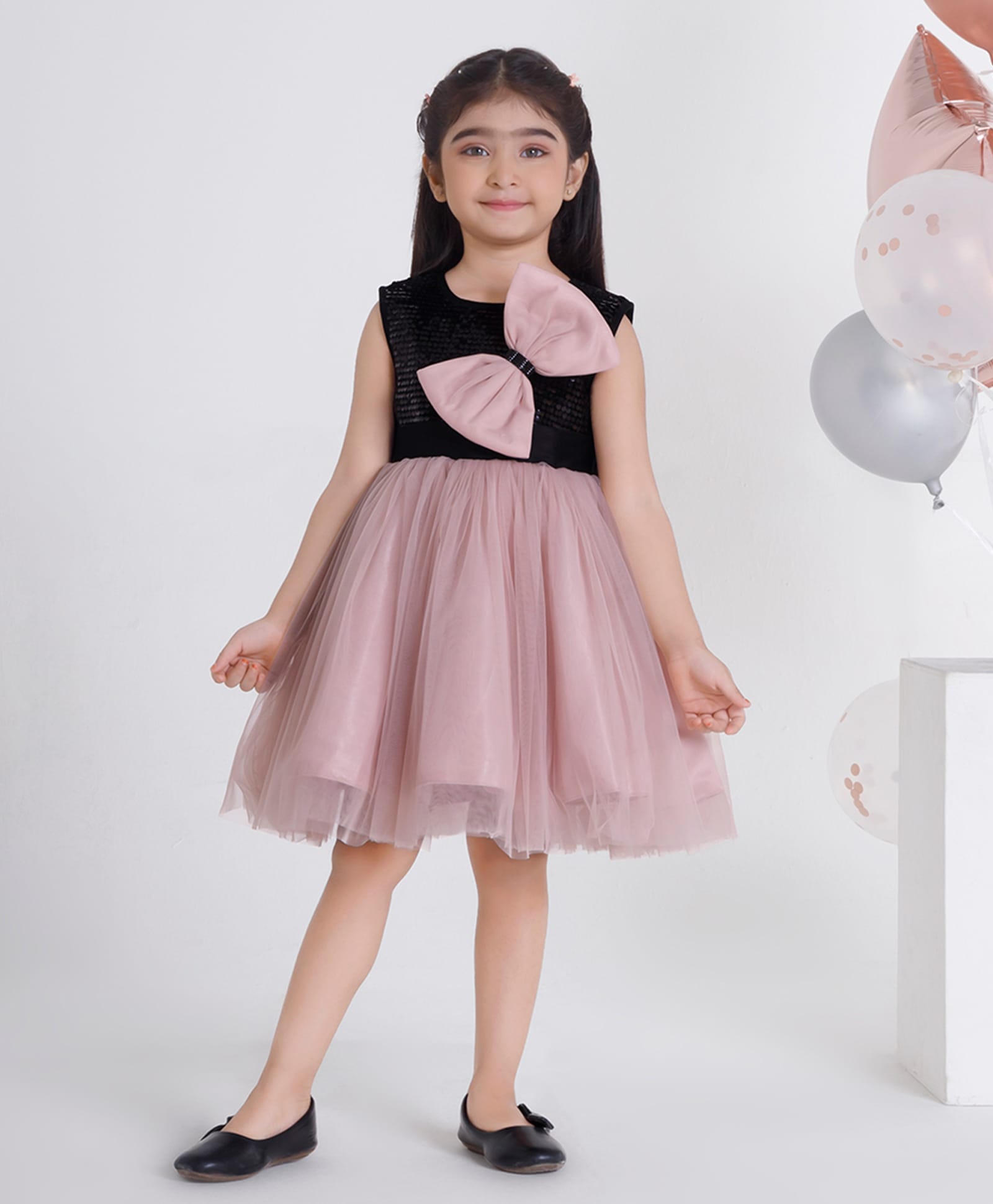 Ministitch Net Woven Sleeveless Sequence Body with Contrast Flare & Bow Party Frock - Beige-image-5