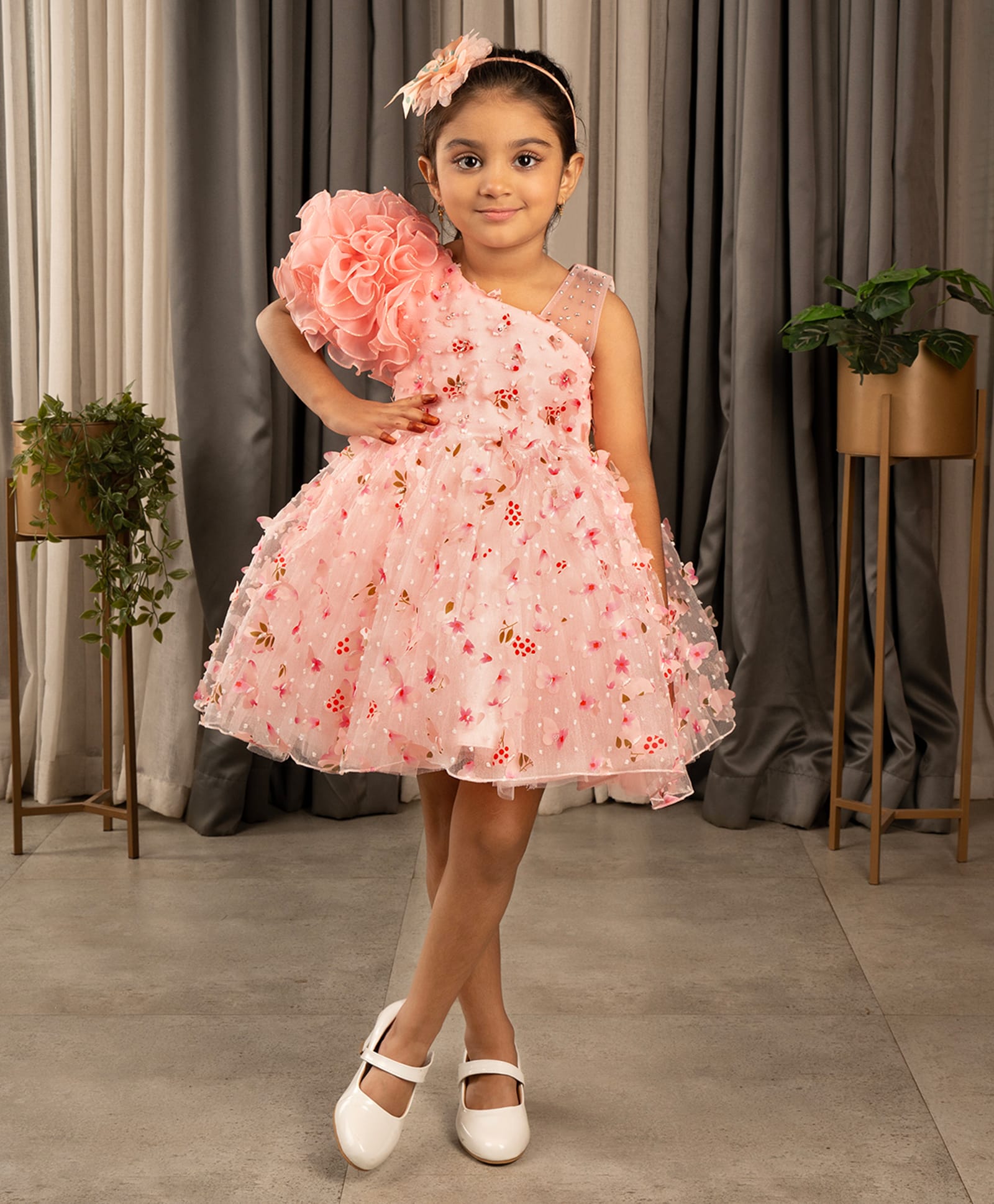 Ministitch Organza Woven Sleeveless One Shoulder Ruffled Party Frock With Floral Applique - Peach-picture-12
