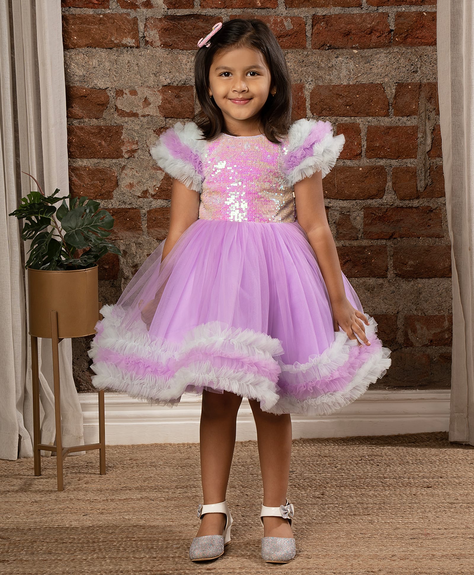 Ministitch Net Woven Frilled Cap Sleeves and Sequin Body Party Dress- Purple-picture-5