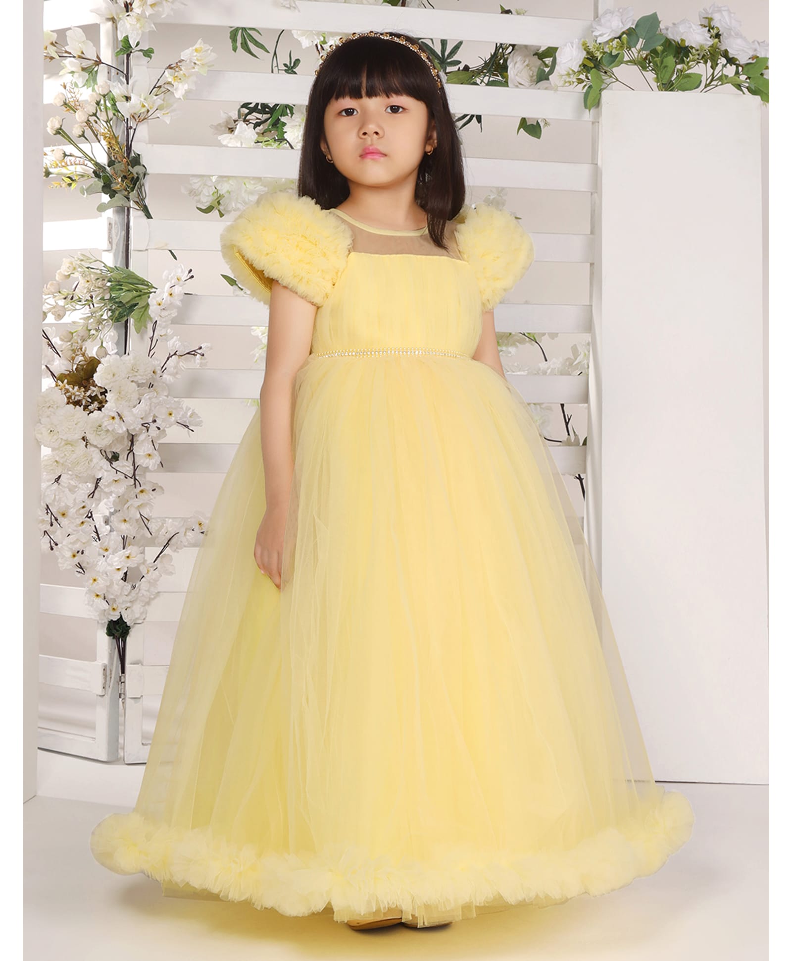 Ministitch Net Woven Half Puff Sleeves Pleated Gown With Pearl Embellishment - Yellow-picture-16