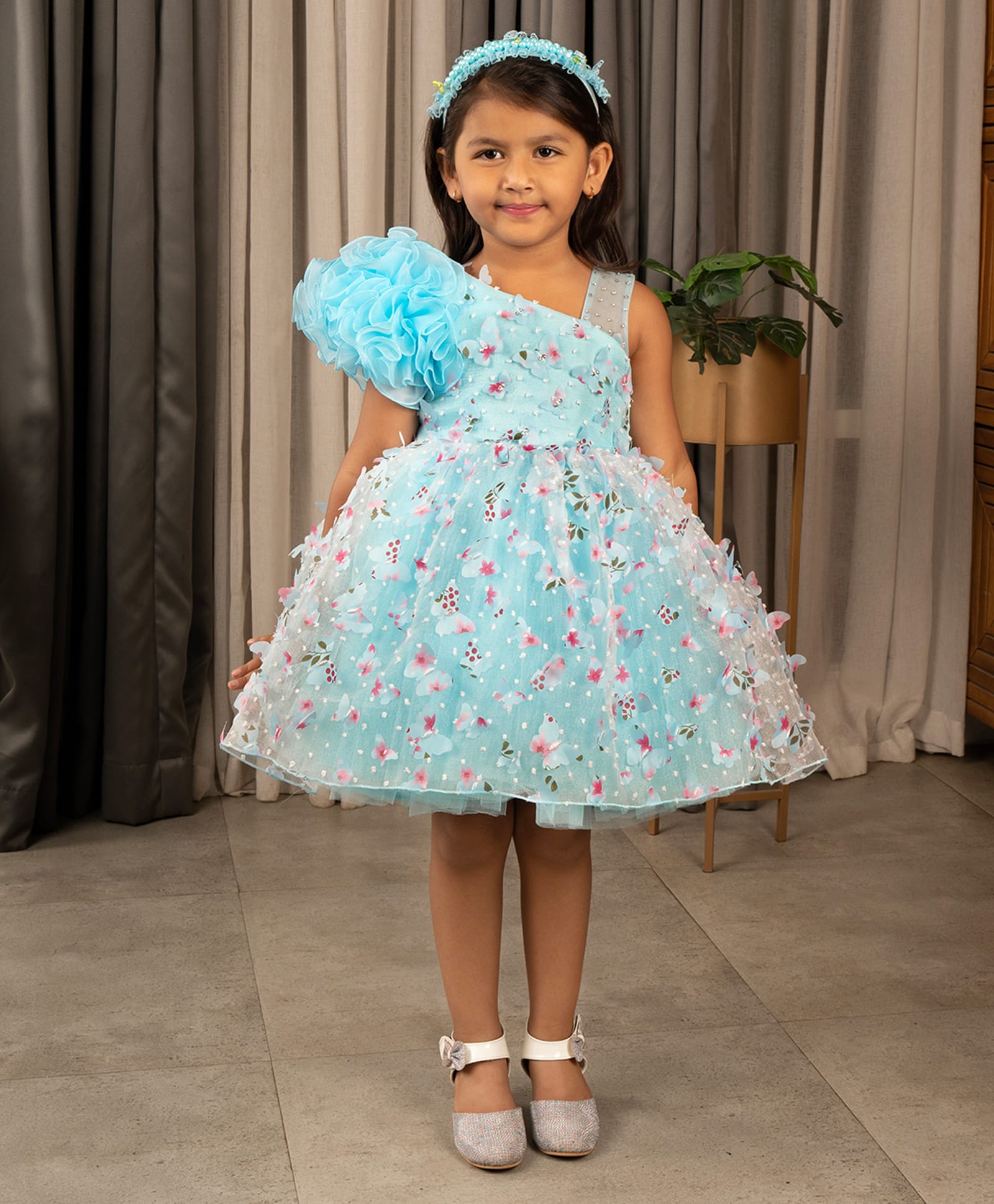 Ministitch Organza Woven One Shoulder Ruffled Frock with Floral Applique & Pearl Embellishment 3D Flowers - Light Blue-image-25
