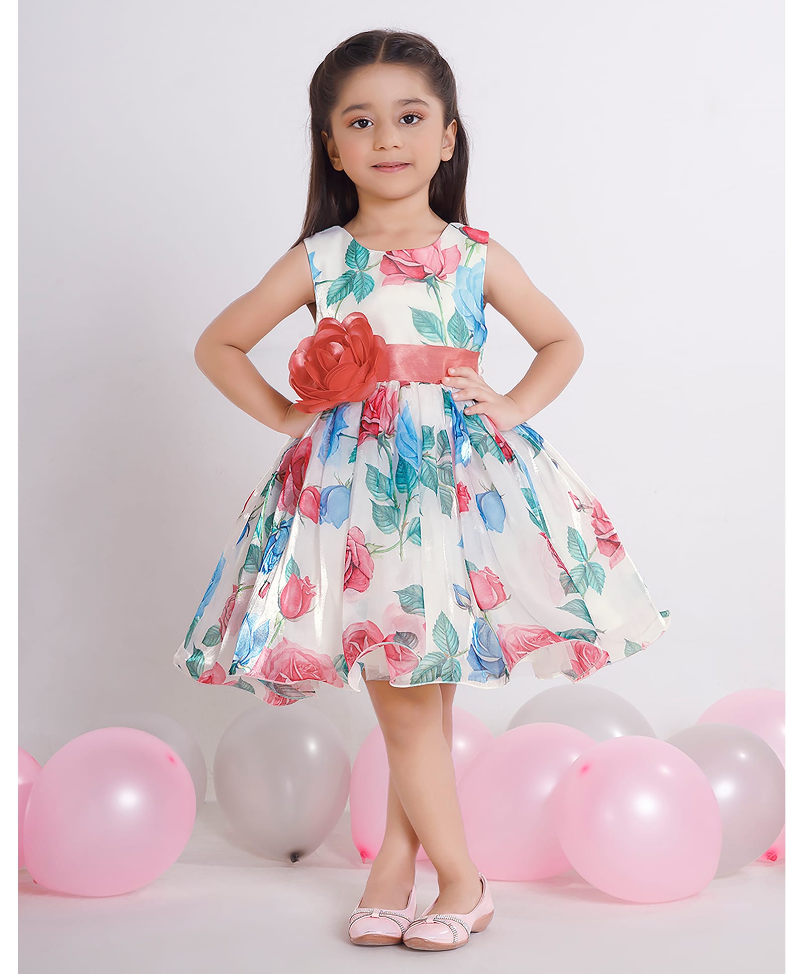 Ministitch Organza Woven Sleeveless Floral Digital Printed Party Frock With Applique - OffWhite-picture-0