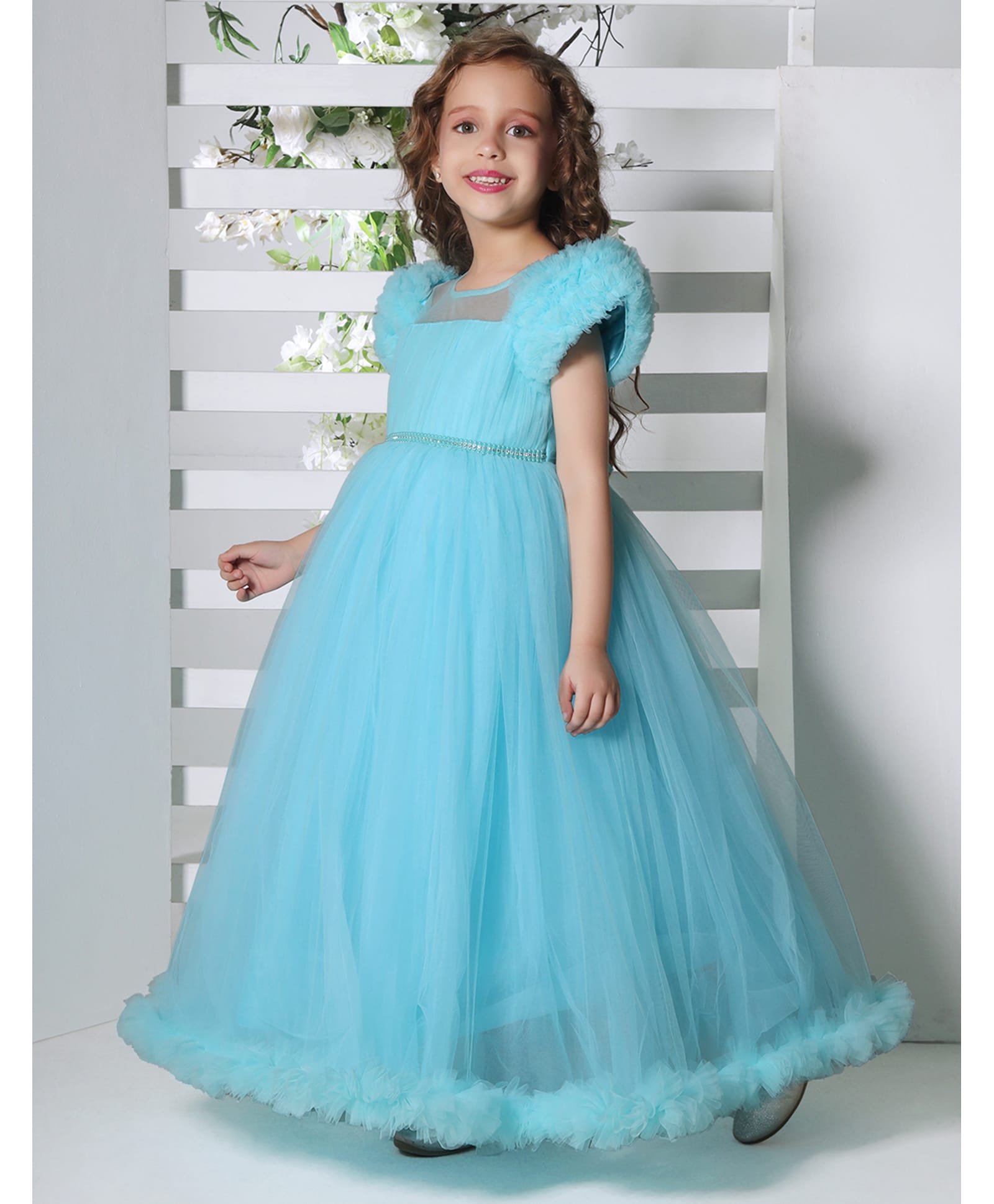 Ministitch Net Woven Gather Puff Sleeves Pleated Yoke Party Gown with Embellishment - Light Blue-picture-15