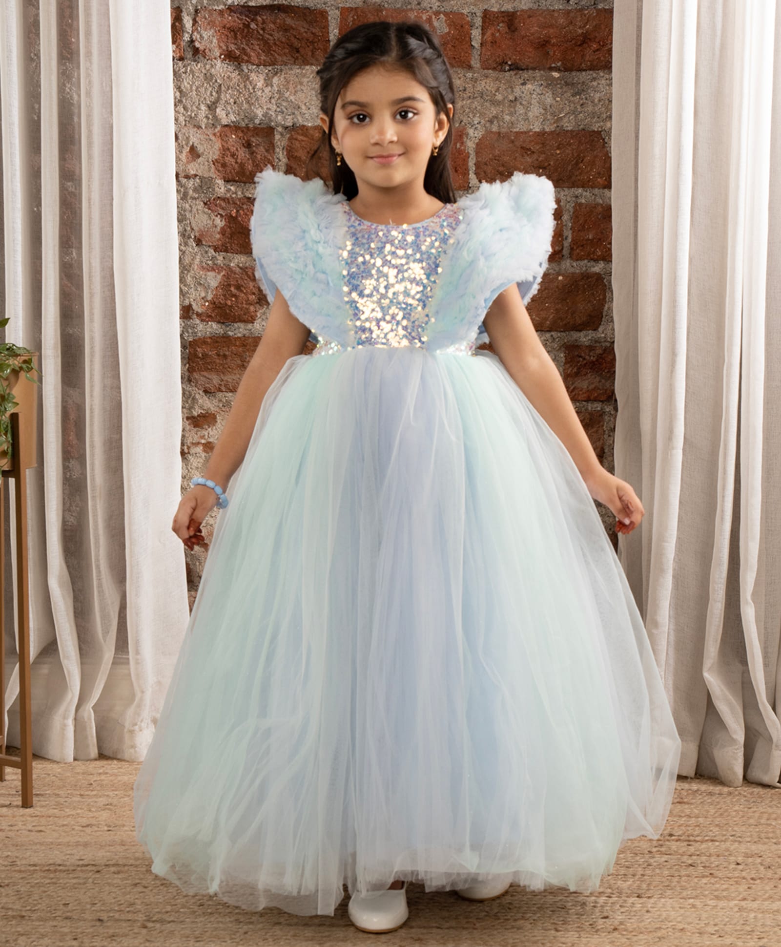 Ministitch Net Woven Sequin Body Angel Sleeves Fit & Flare Ball Party Gown - Light Blue-picture-42