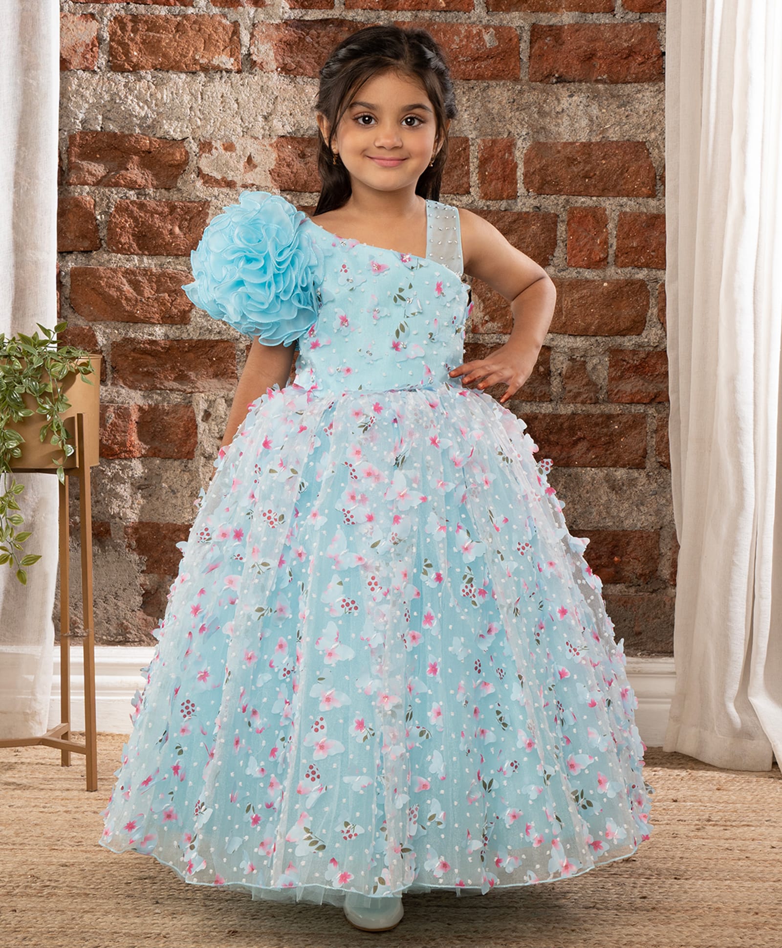 Ministitch Net Woven Shoulder Ruffled Party Gown with 3D Flowers and Butterflies - Light Blue-image-27