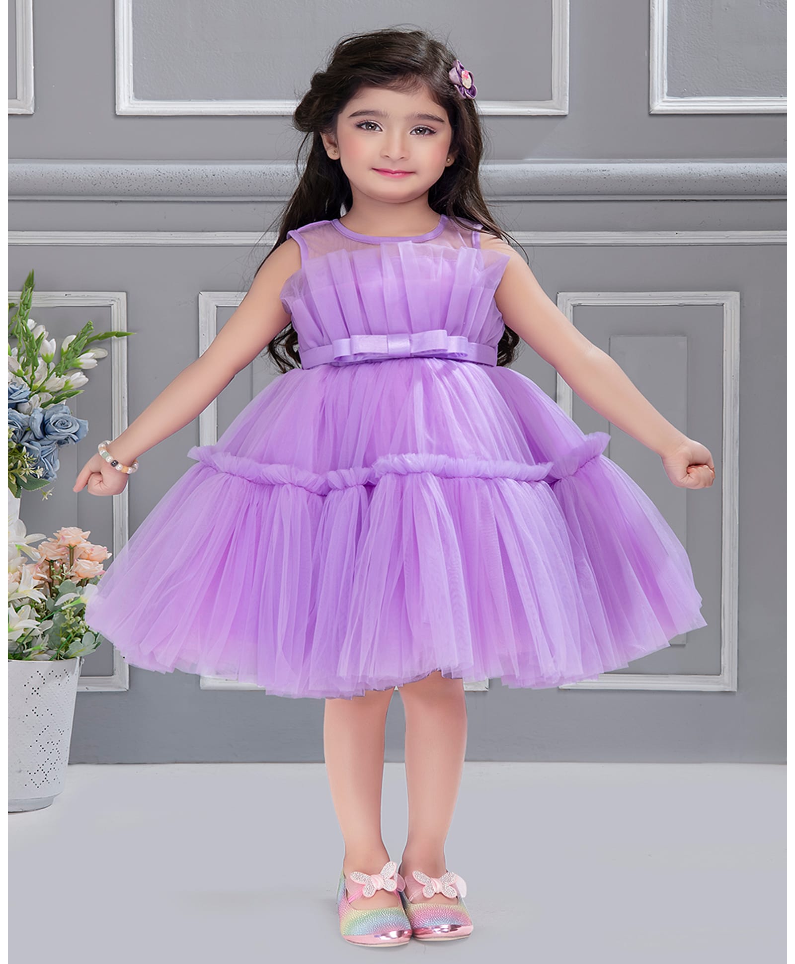 Mini Stitch Net Woven Sleeveless Fan Pleated Yoke Dress With Frilled Pattern Party Frock - Lavender-image-4