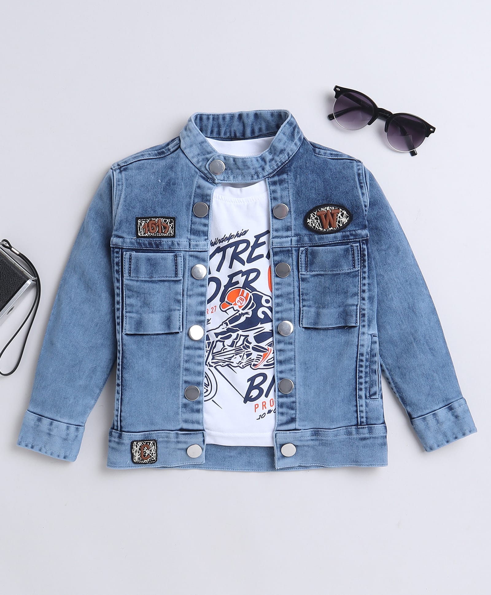 Ministitch Denim Woven Solid Jacket with Patches & Printed T-Shirt - Sky-image-35
