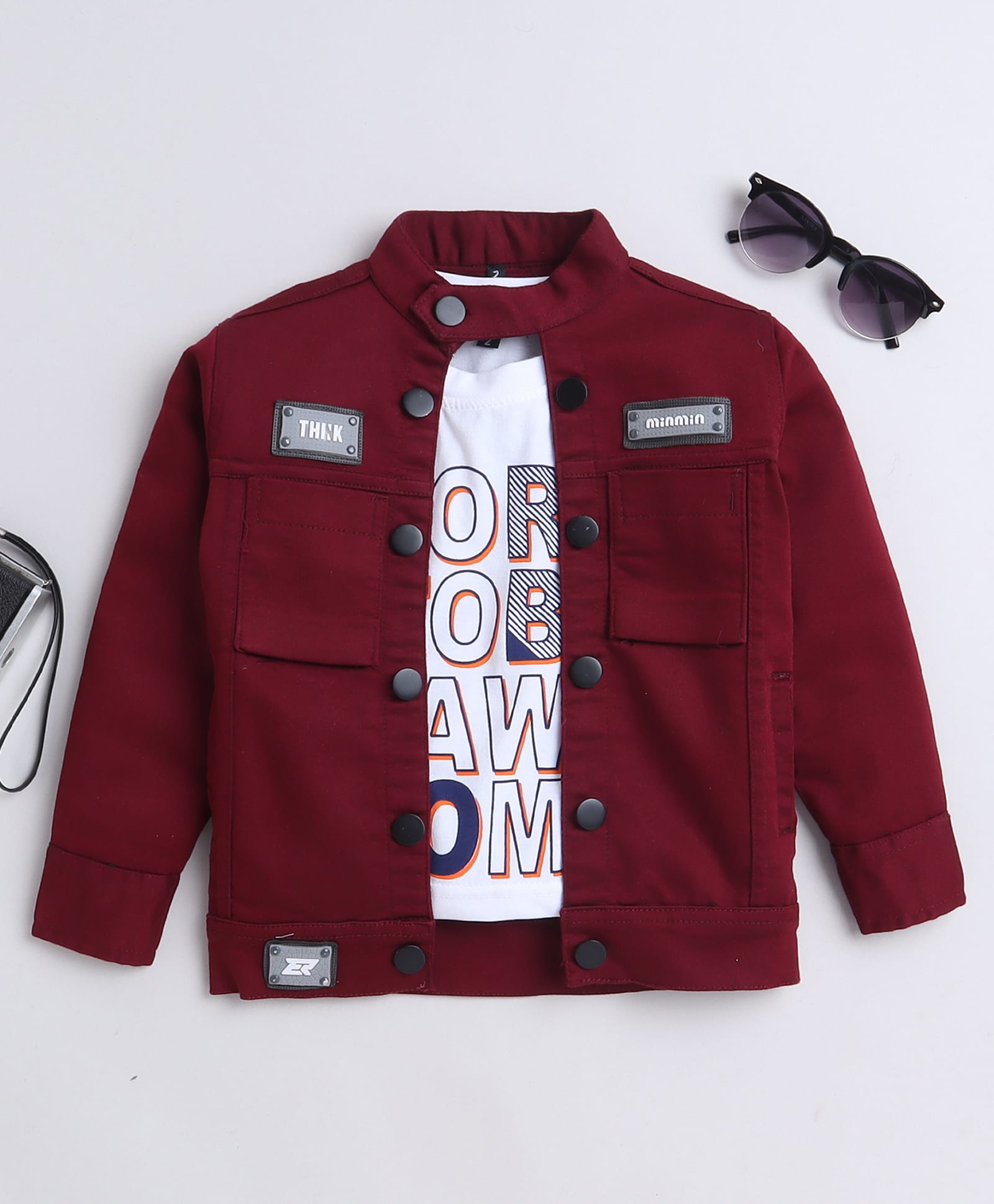 Ministitch Denim Woven Solid Jacket with Badges & Printed T-Shirt - Maroon-picture-13