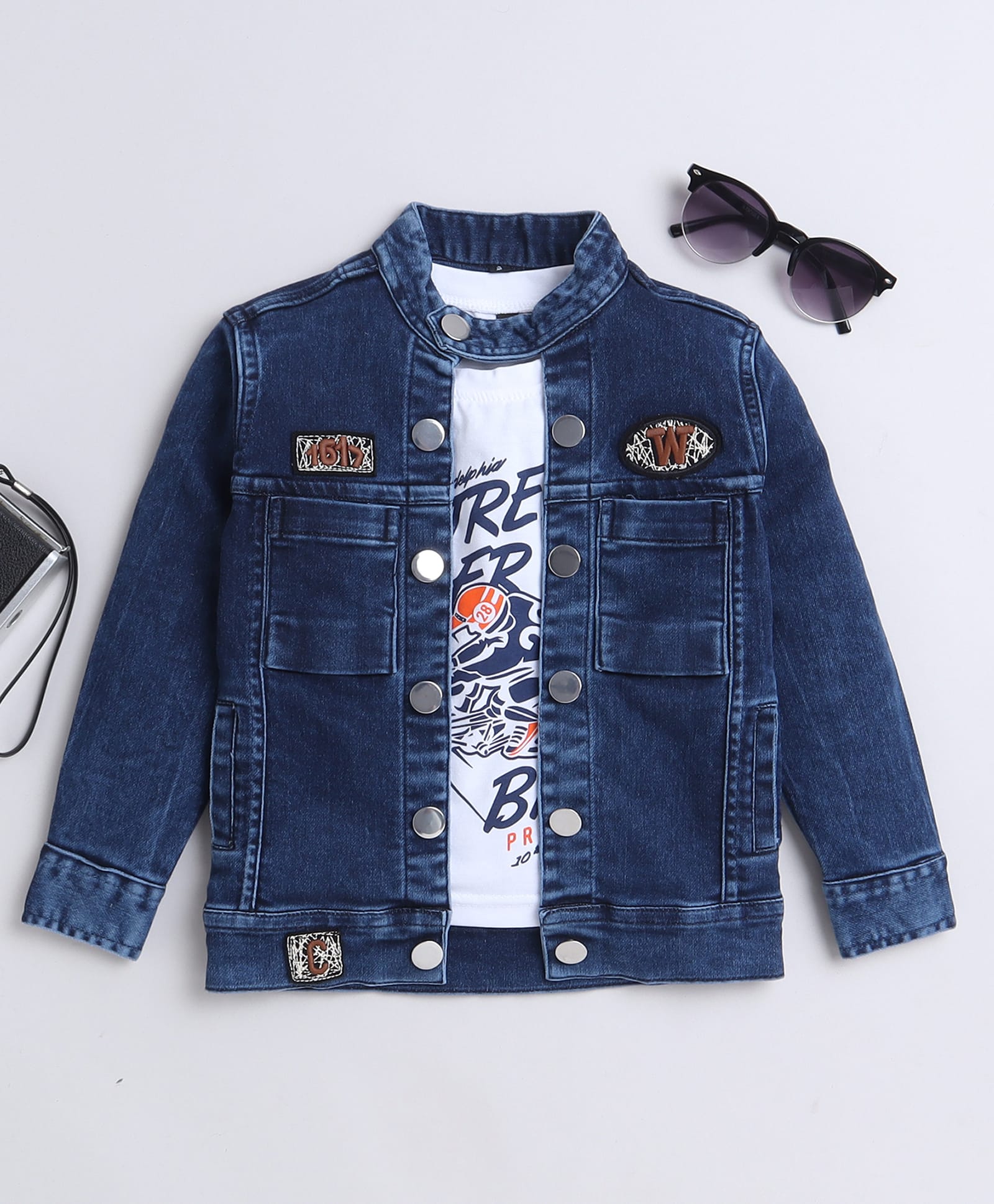 Ministitch Denim Woven Solid Jacket with Patches & Printed T-Shirt - Navy-image-34