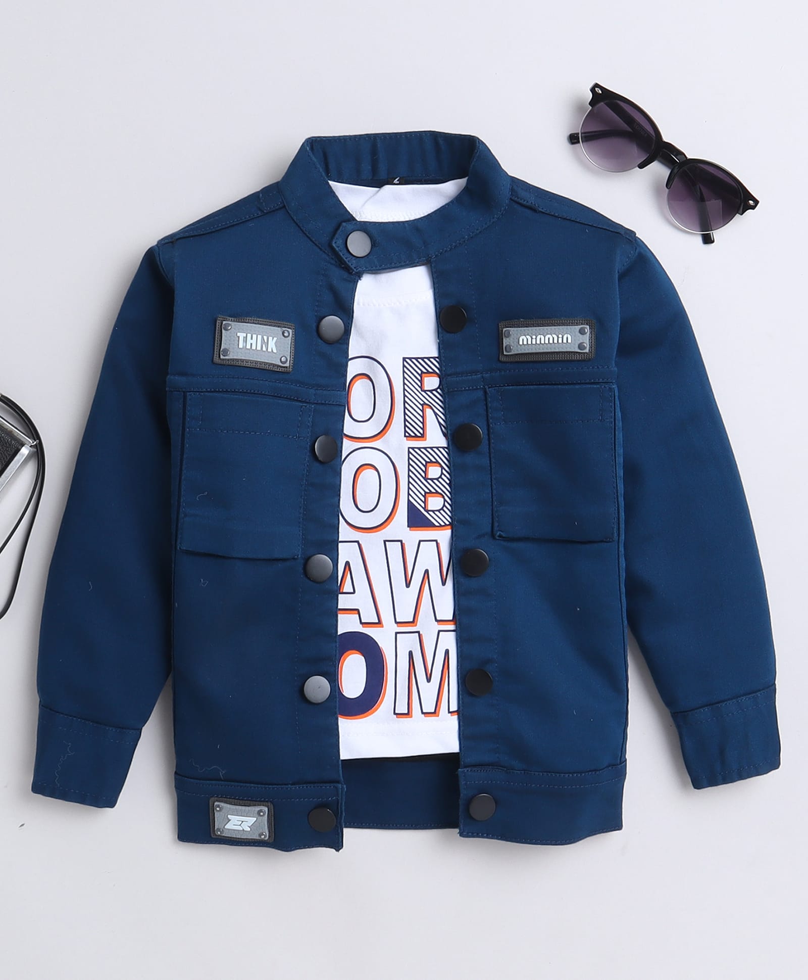 Ministitch Denim Woven Solid Jacket with Patches & Printed T-Shirt - Blue-picture-21