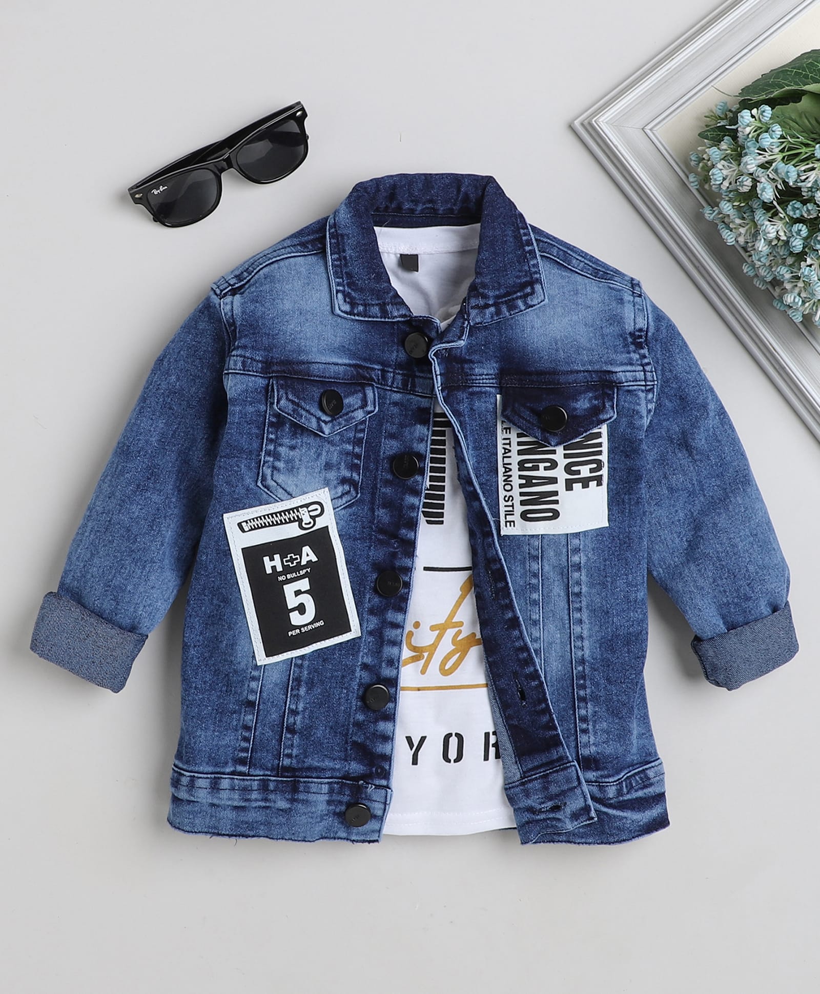 Ministitch Denim Woven Jacket with Patches & Printed T-Shirt - Sky-image-32