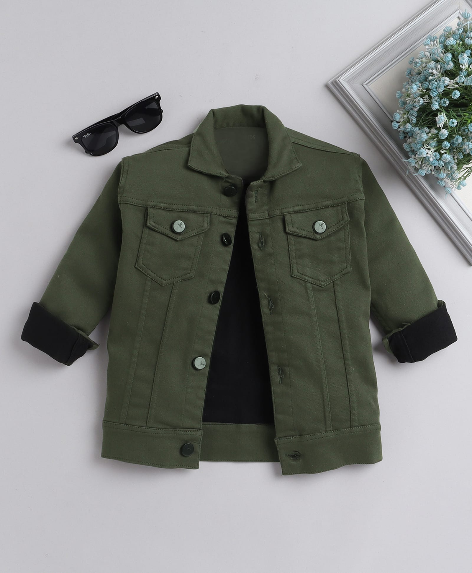 Ministitch Cotton Woven Full Sleeves Solid Colour Denim Jacket - Olive-picture-20