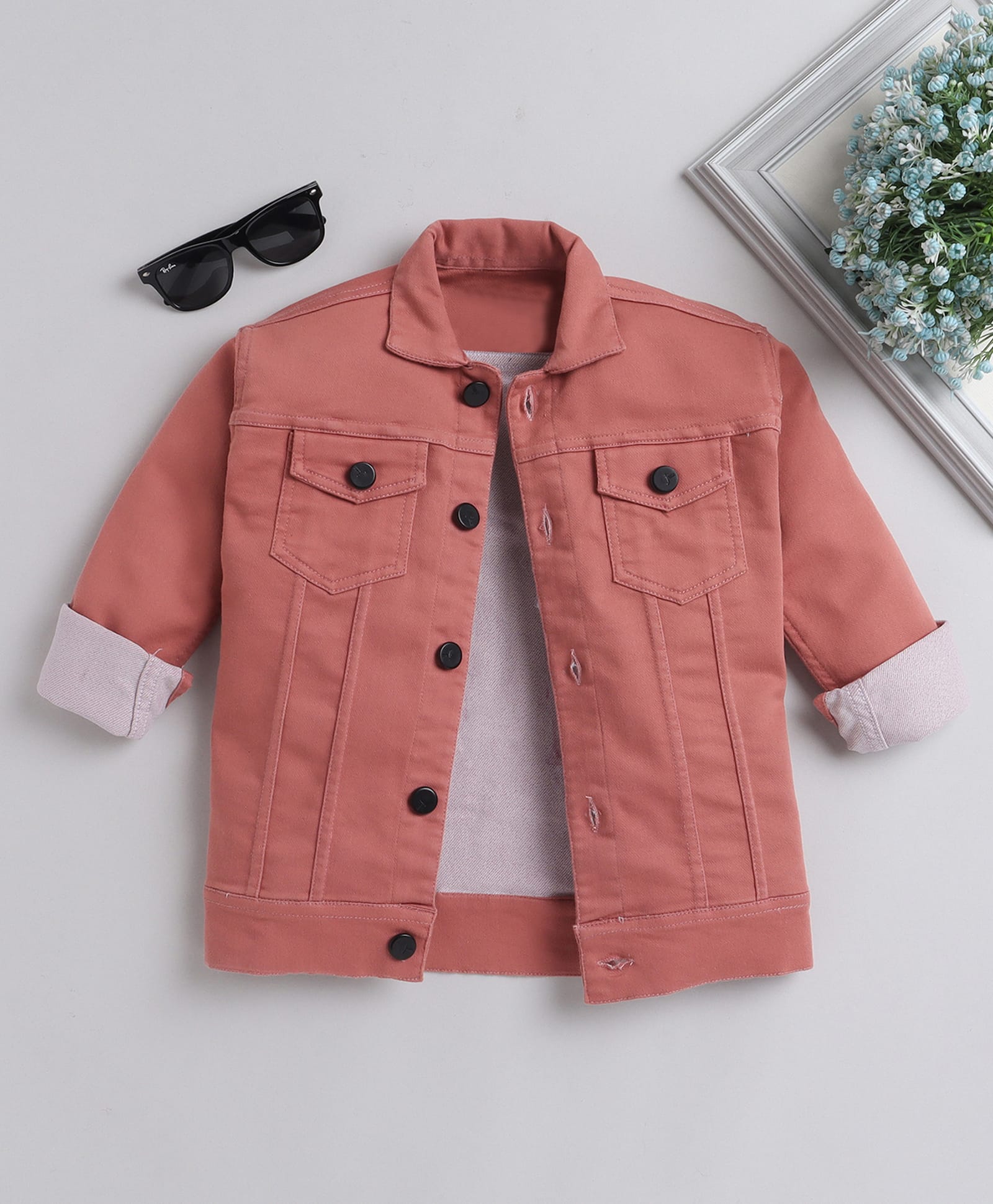 Ministitch Cotton Woven Full Sleeves Solid Colour Denim Jacket - Dark Peach-picture-19