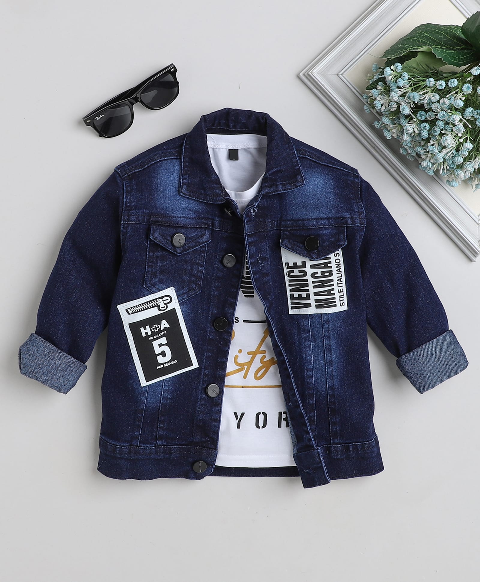 Ministitch Denim Woven Jacket with Patches & Printed T-Shirt - Navy-image-8