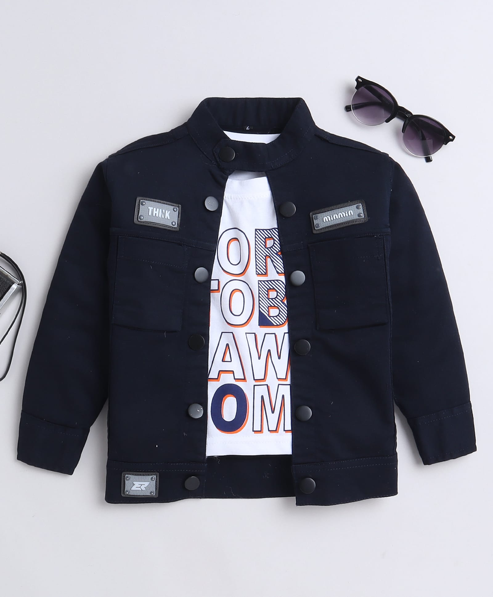 Ministitch Denim Woven Full Sleeves Solid Denim Jacket With Text Printed Tank T-Shirt - Navy Blue-image-36