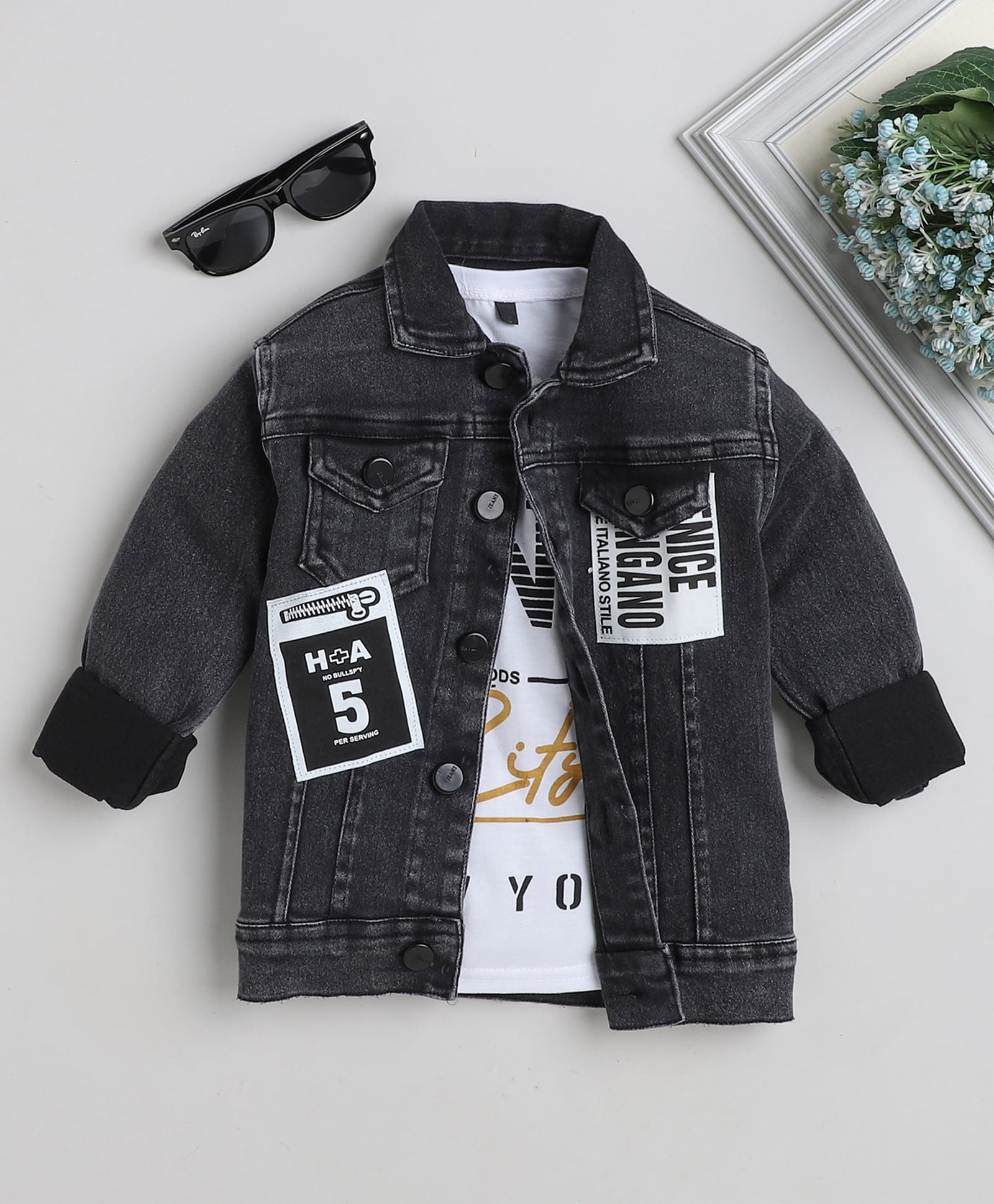 Ministitch Denim Woven Full Sleeves Text Printed Jacket With T-Shirt - Black-image-33