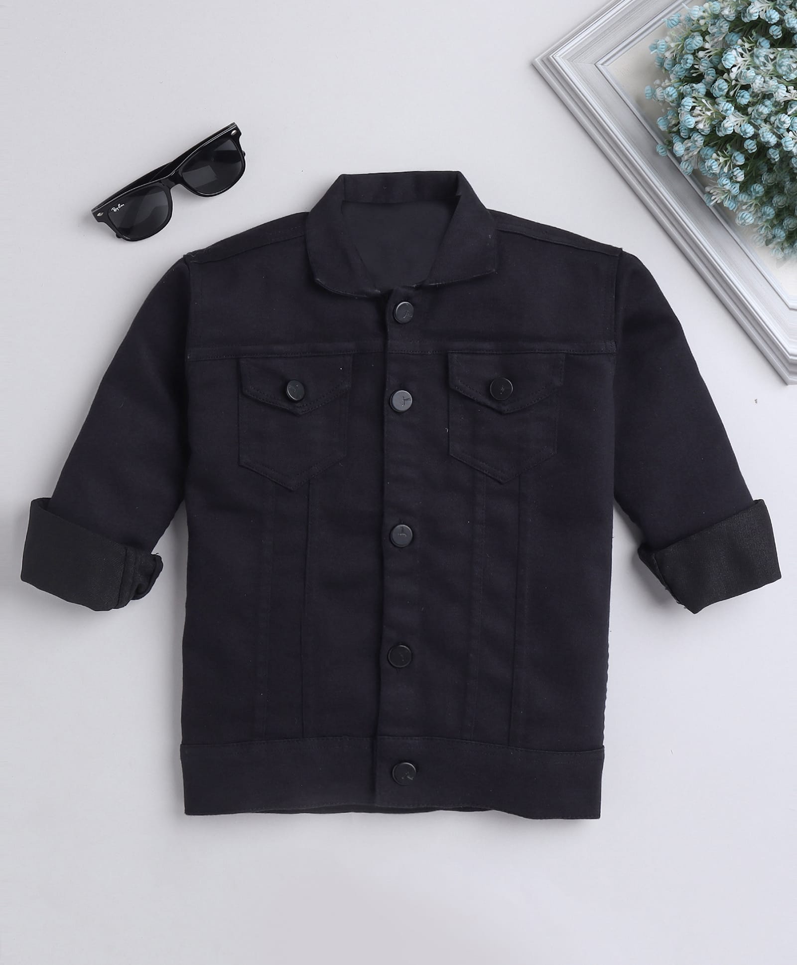 Ministitch Full Sleeves Solid Denim Jacket - Black-image-38