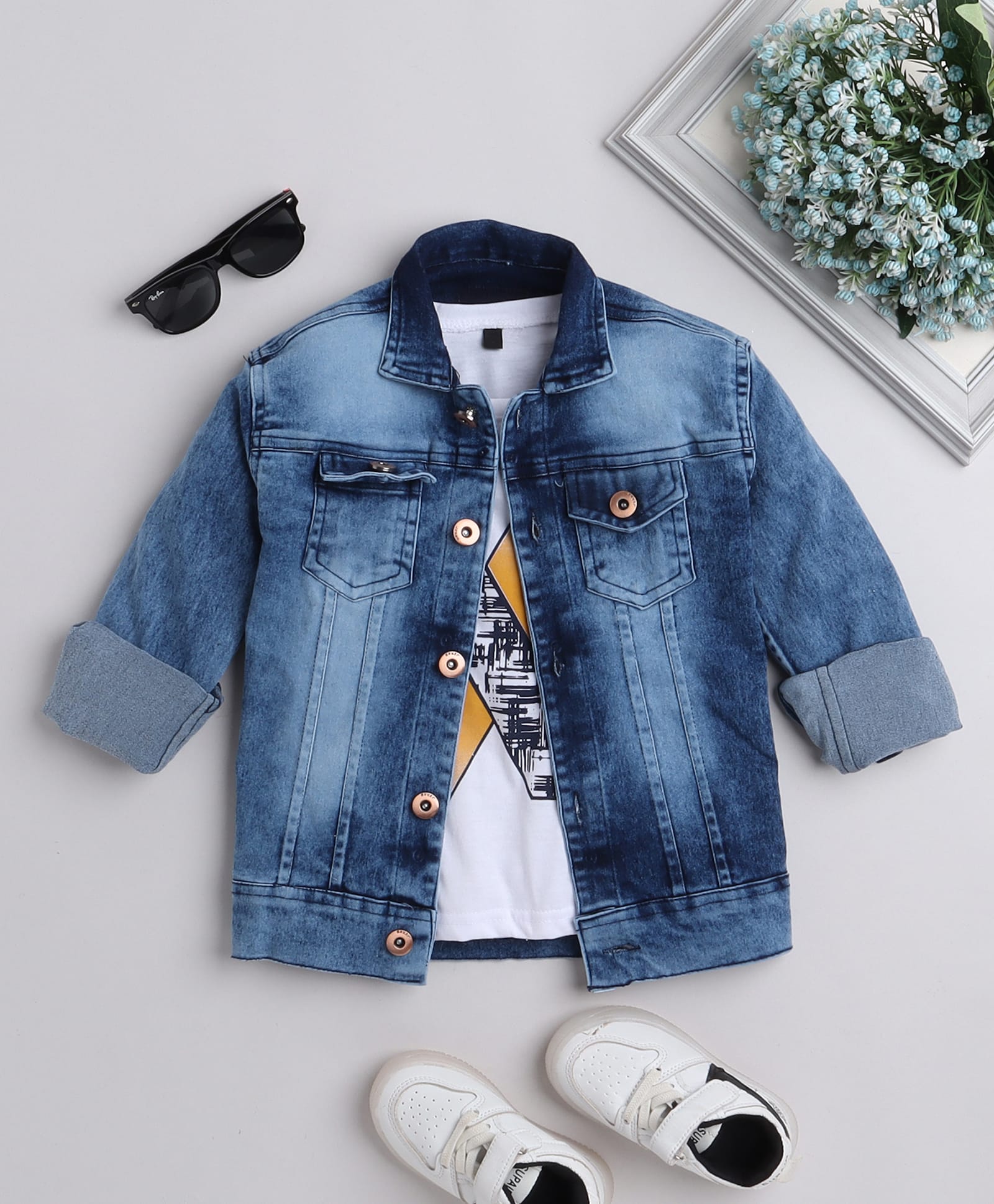 Ministitch Denim Woven Full Sleeves Washed Jacket With Printed T-Shirt - Blue-picture-12