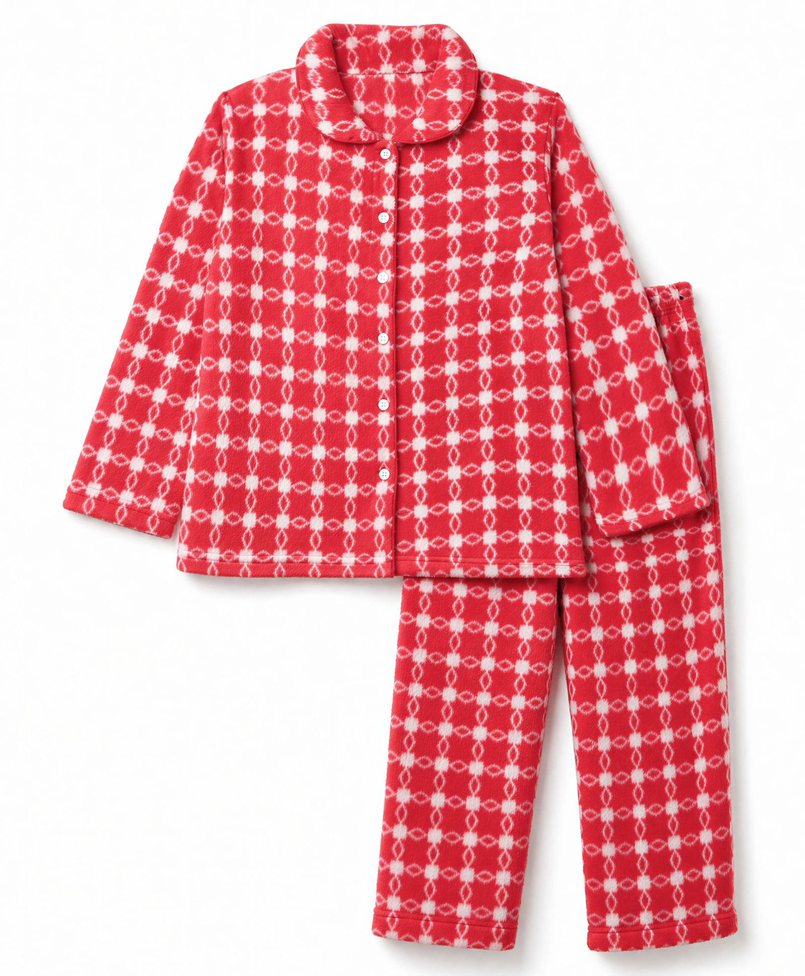 Kanvin Knit Full Sleeves Co-Ords Shirt & Pyjama Winter Wear Night Suit with Block Print - Red-image-35