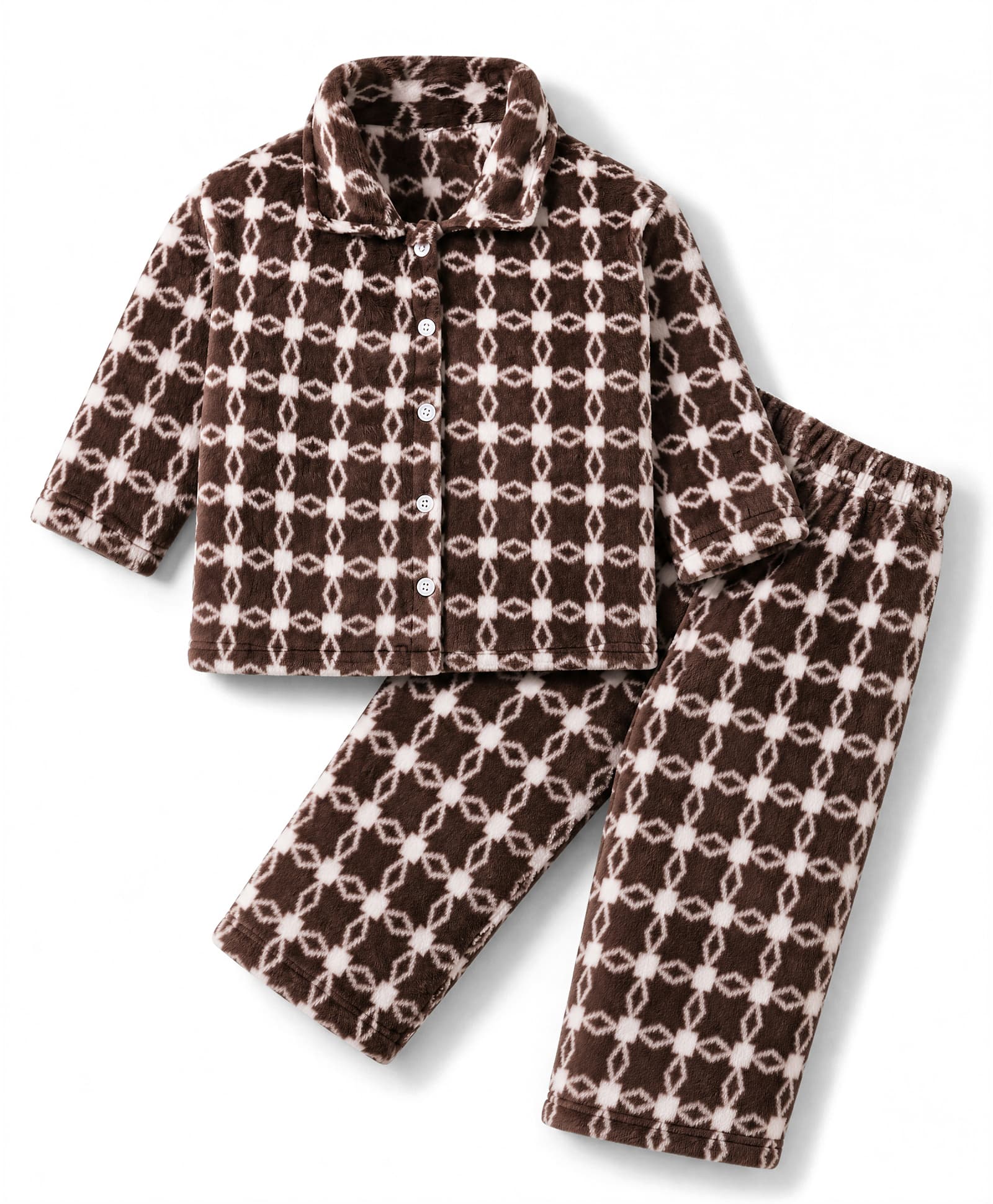 Kanvin Knit Full Sleeves Co-Ords Shirt & Pyjama Winter Wear Night Suit with Geometric Print - Dark Brown-image-36