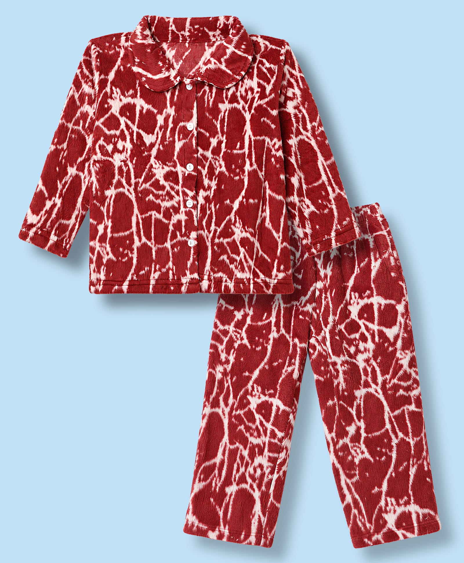 Kanvin Knit Full Sleeves Co-Ords Shirt & Pyjama Winter Wear Night Suit with Abstract Print - Maroon-image-34