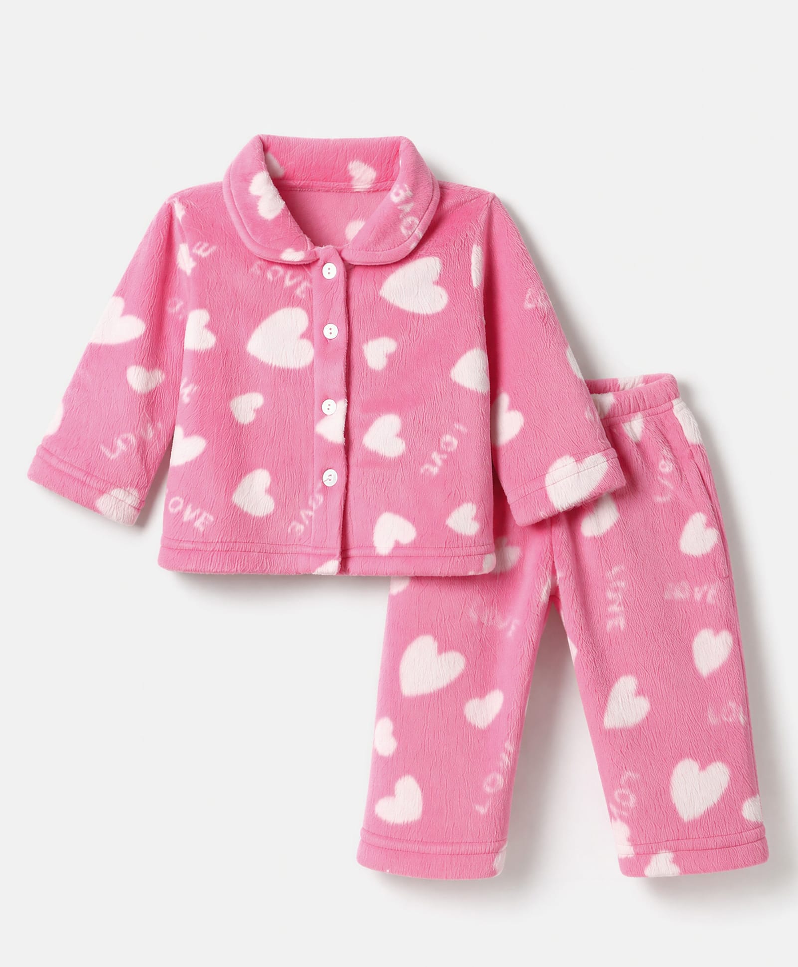 Kanvin Knit Full Sleeves Co-Ords Shirt & Pyjama Winter Wear Night Suit with Heart Print - Pink-image-47