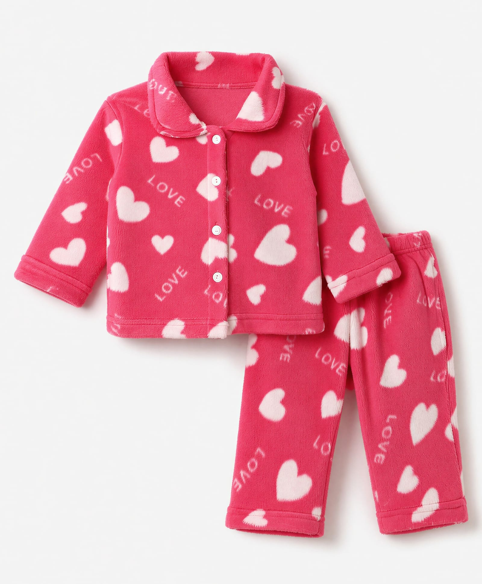 Kanvin Knit Full Sleeves Co-Ords Shirt & Pyjama Winter Wear Night Suit with Heart Print - Dark Pink-image-38
