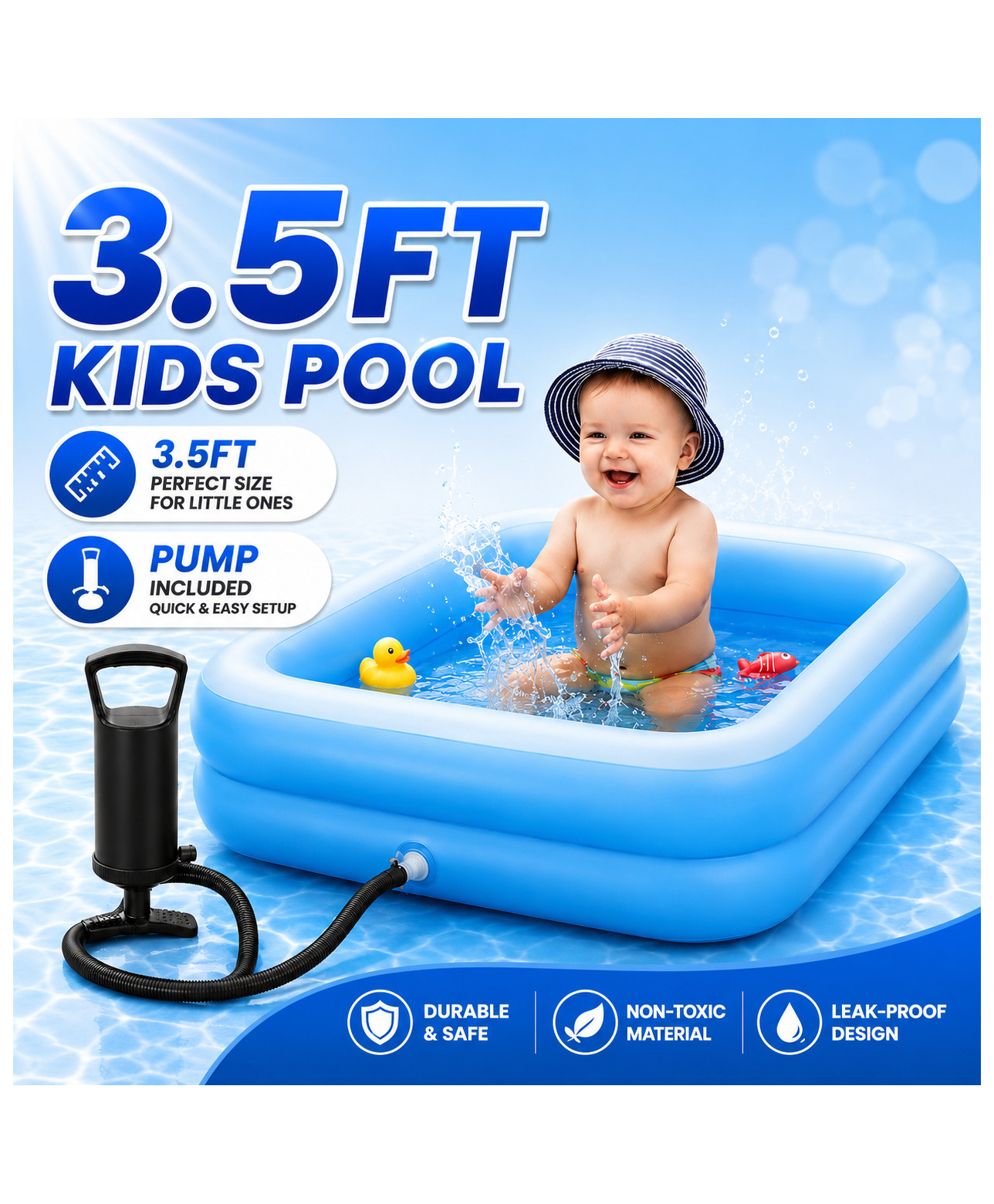 NHR Baby Inflatable Pool with Hammer Air Pump | BPA-Free PVC Toddler Splash Pool | Portable Kids Bath Tub, Ball Pit & Outdoor Play Pool (Blue)-picture-21