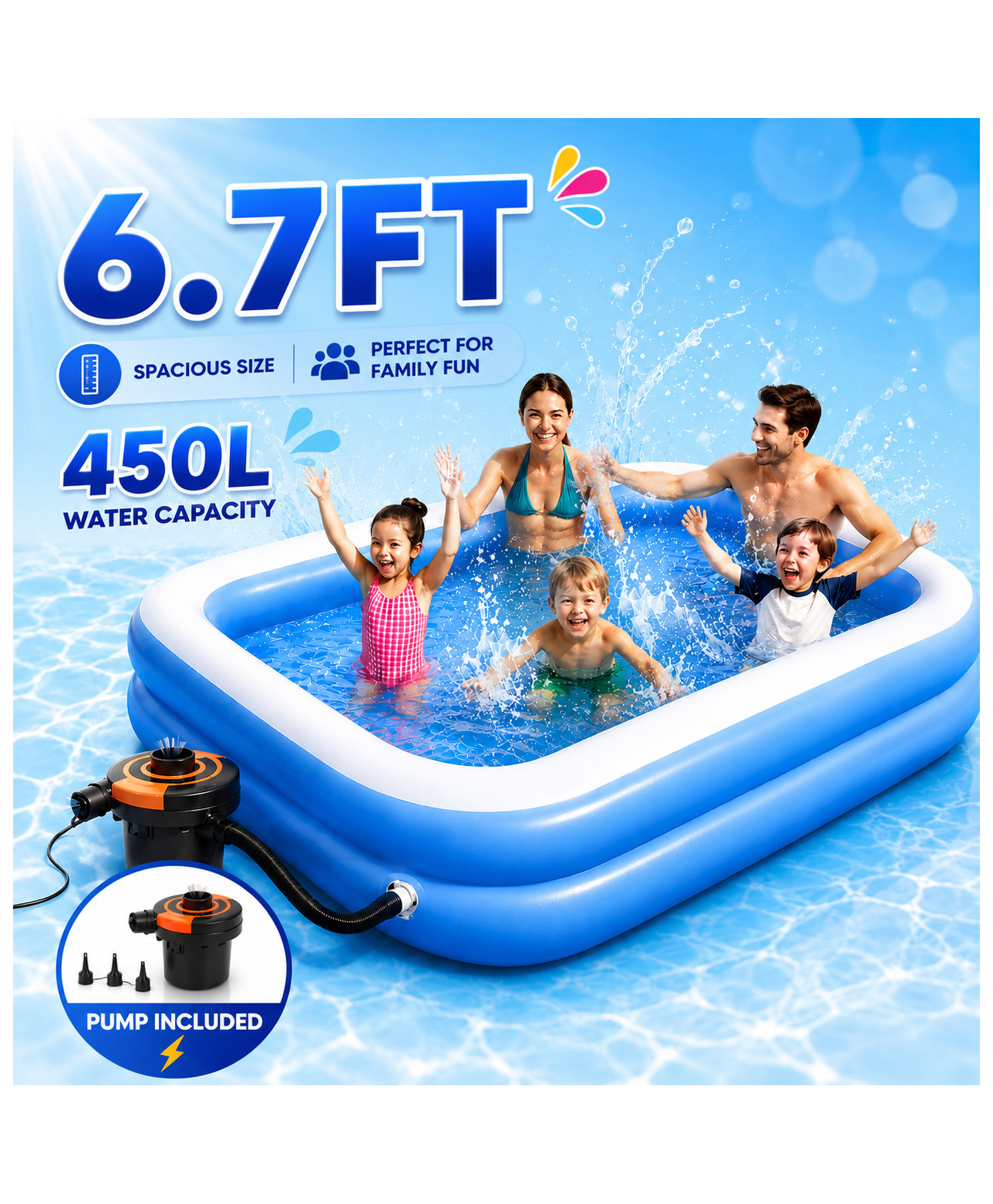 NHR Rectangular Inflatable Pool with Electric Air Pump | Portable Family Swimming Pool | Durable Non-Toxic PVC | Easy Setup Kids & Adults Pool (Blue)-picture-15