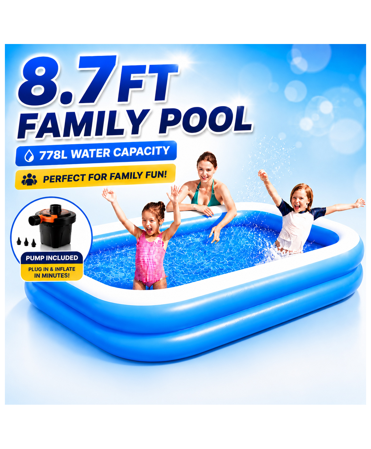 NHR Rectangular Inflatable Pool with Electric Air Pump | Portable Family Swimming Pool | Durable Non-Toxic PVC | Easy Setup Kids & Adults Pool (Blue)-image-9