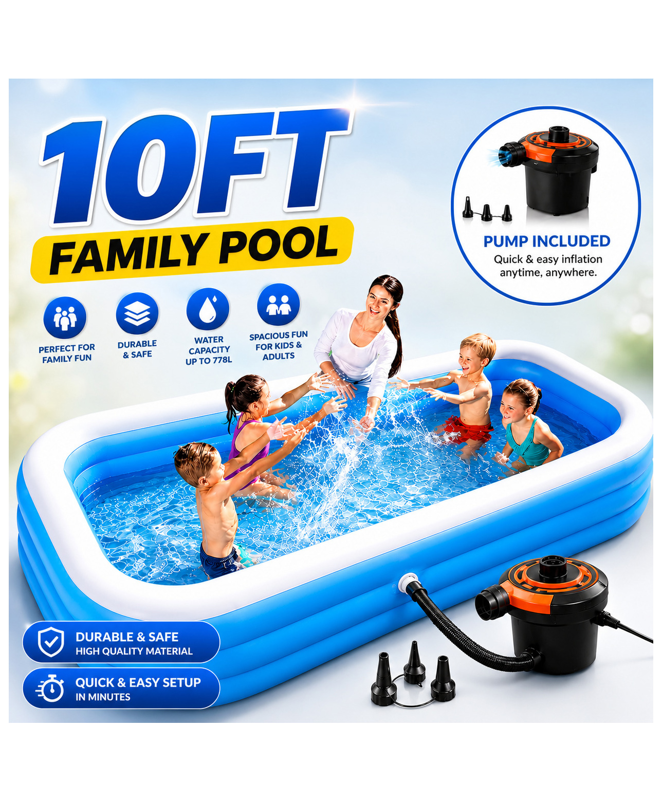 NHR Large Family Inflatable Pool with Electric Air Pump | Thick PVC, 3 Air Chambers | Kids & Adults Backyard Swimming Pool (Blue)-image-19