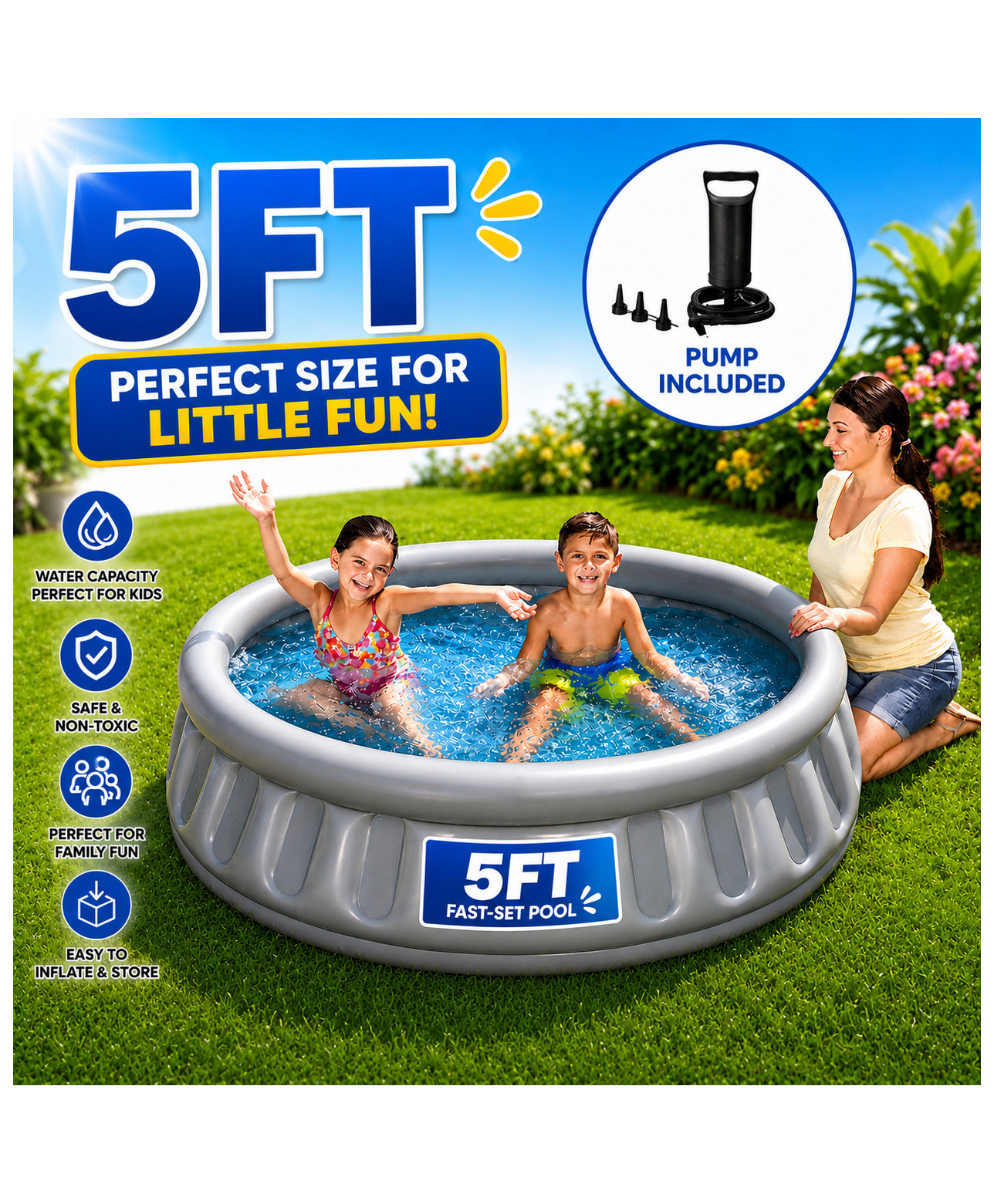 NHR Spaceship Inflatable Kids Pool with Hammer Air Pump | Flying Saucer Design | Easy Setup Baby Paddling Pool (Grey)-picture-12