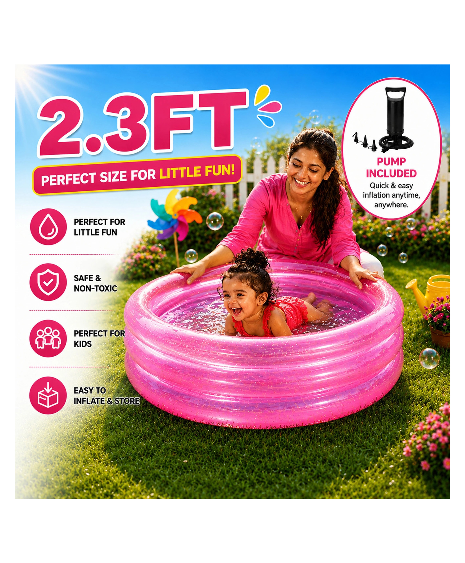 NHR 3-Ring Inflatable Baby Pool with Hammer Air Pump | Soft Floor Toddler Splash Pool | Lightweight PVC Kids Bath Tub for Indoor & Outdoor Use (Pink)-picture-18