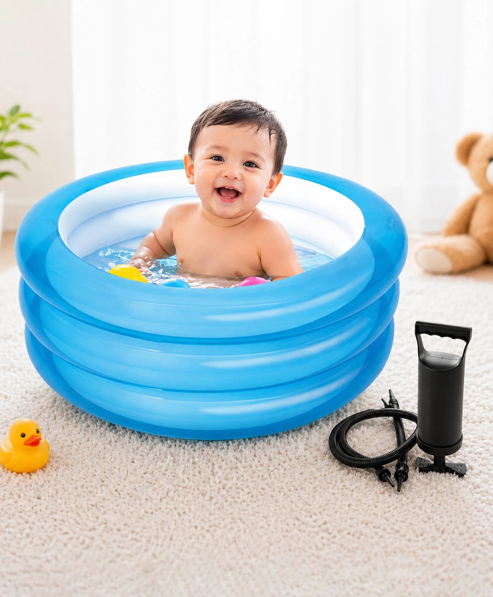 NHR 3-Ring Inflatable Baby Pool with Hammer Air Pump | Soft Floor Toddler Splash Pool | Lightweight PVC Kids Bath Tub for Indoor & Outdoor Use (Blue)-picture-17