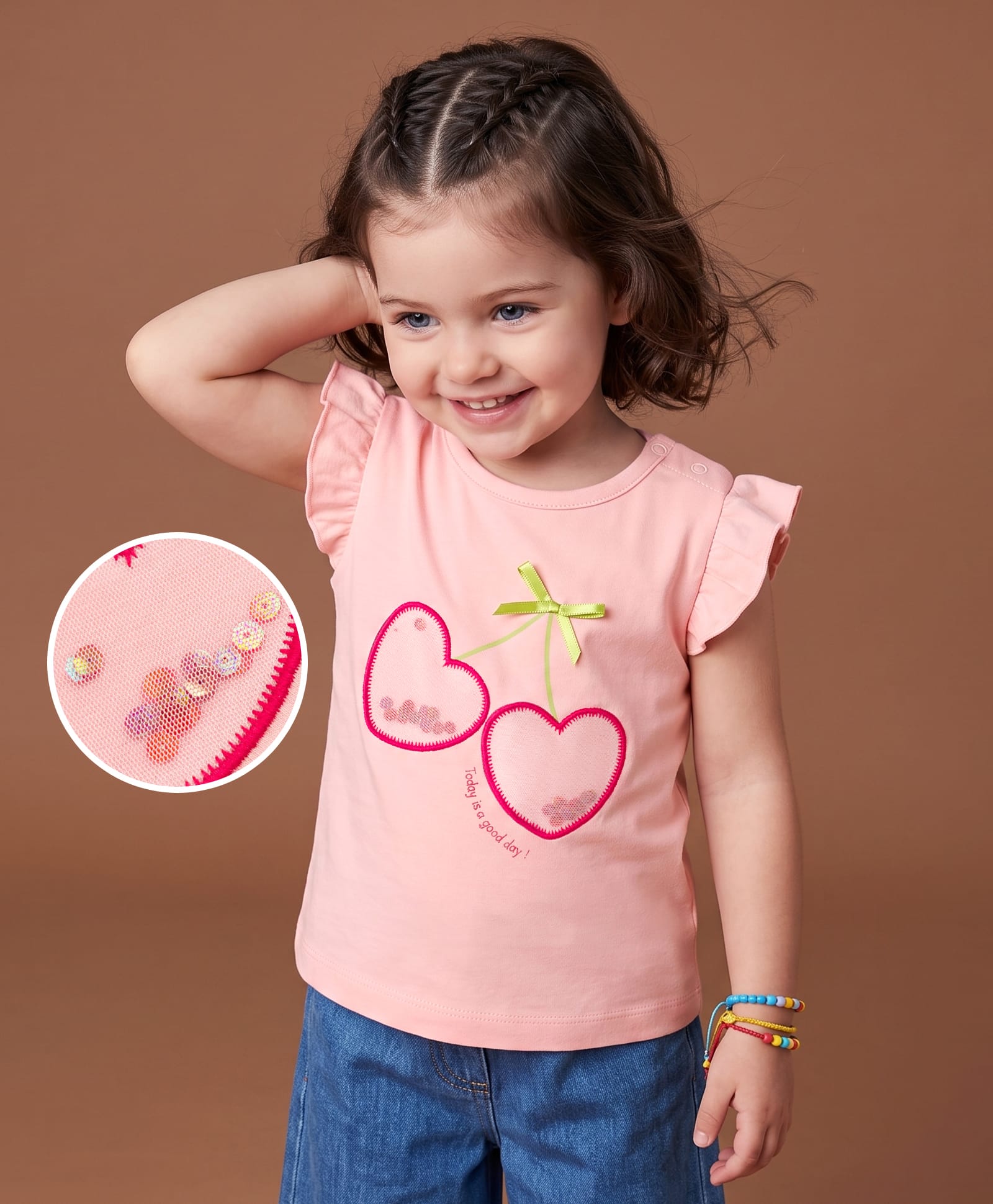 Babyoye Single Jersey Knit Half Sleeves T-Shirt with Heart Embroidery & Bow Applique - Pink-picture-23