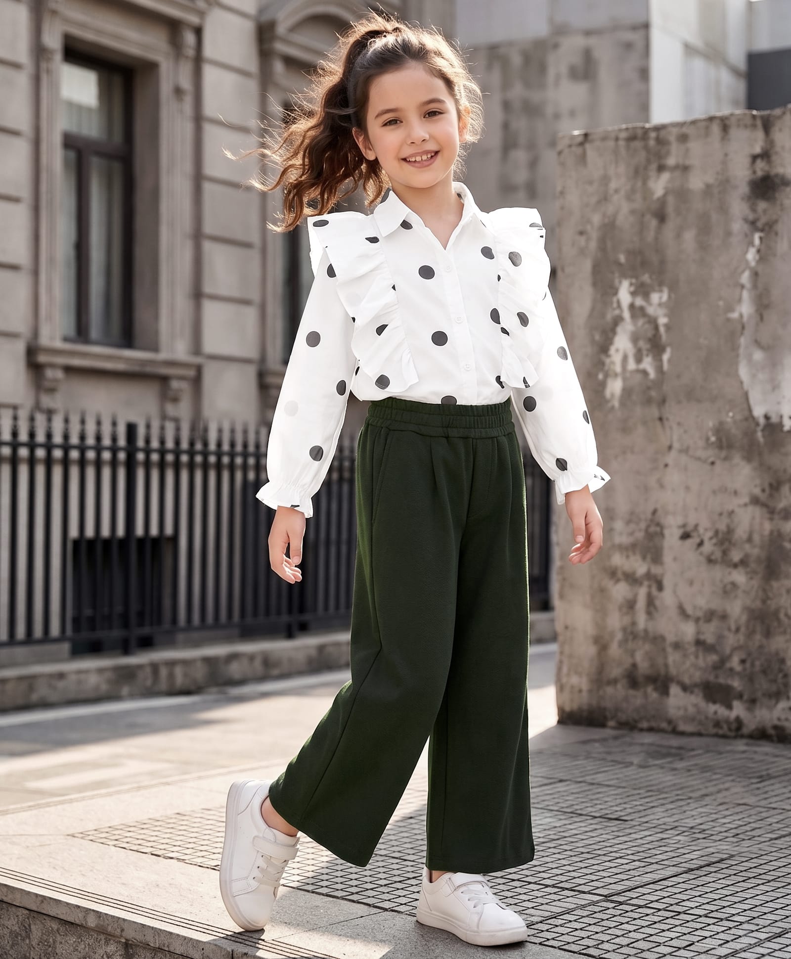 OLLINGTON ST. Woven Full Sleeves Polka Dots Printed Top & Twill Culottes - White & Olive-image-7