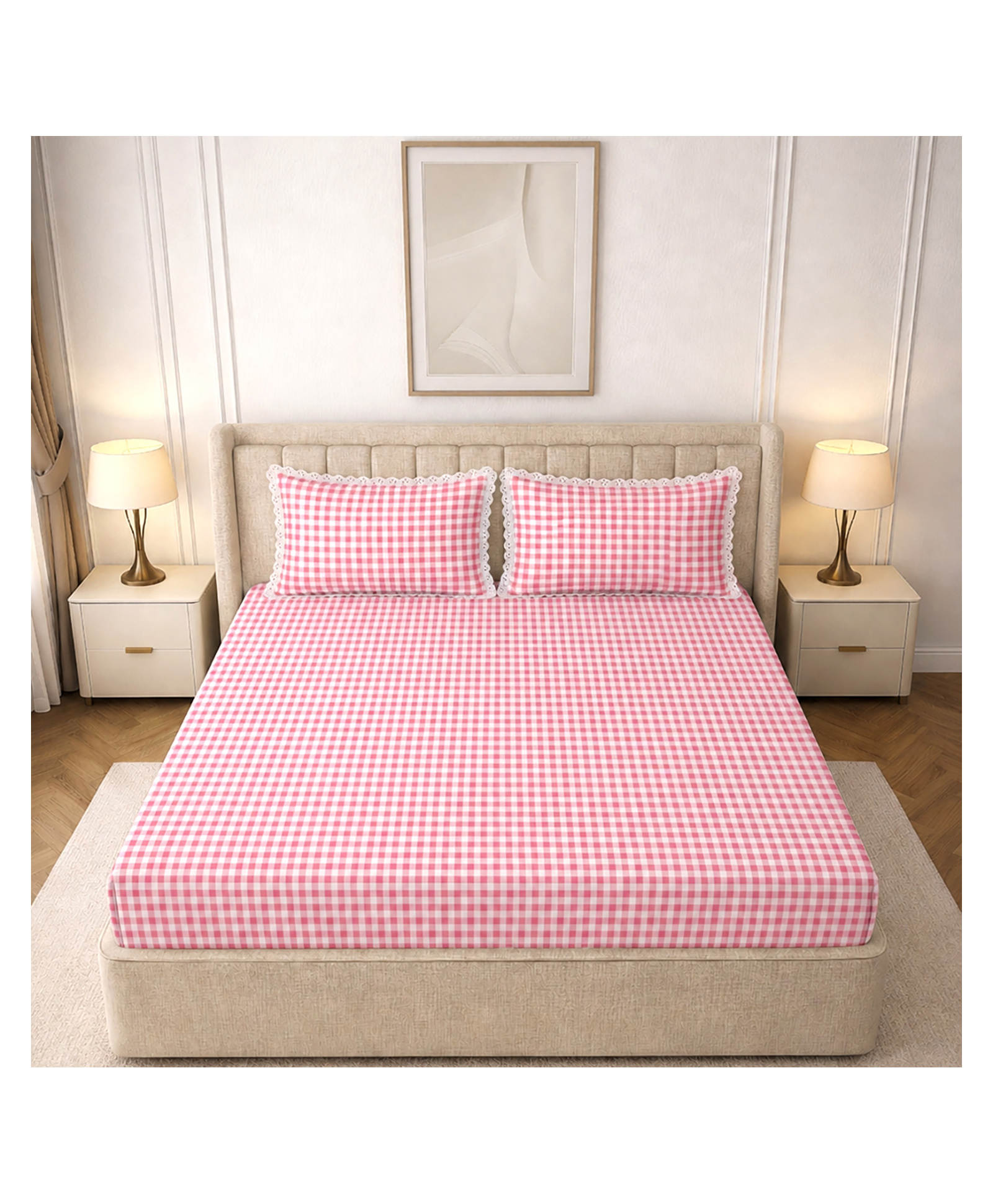 Morado Premium Glace Cotton Double Flat Bedsheet with 2 Pillow Covers | White & Pink Check | Soft & Breathable | Lace Border Pillow Covers | 90x100 Inches-image-33