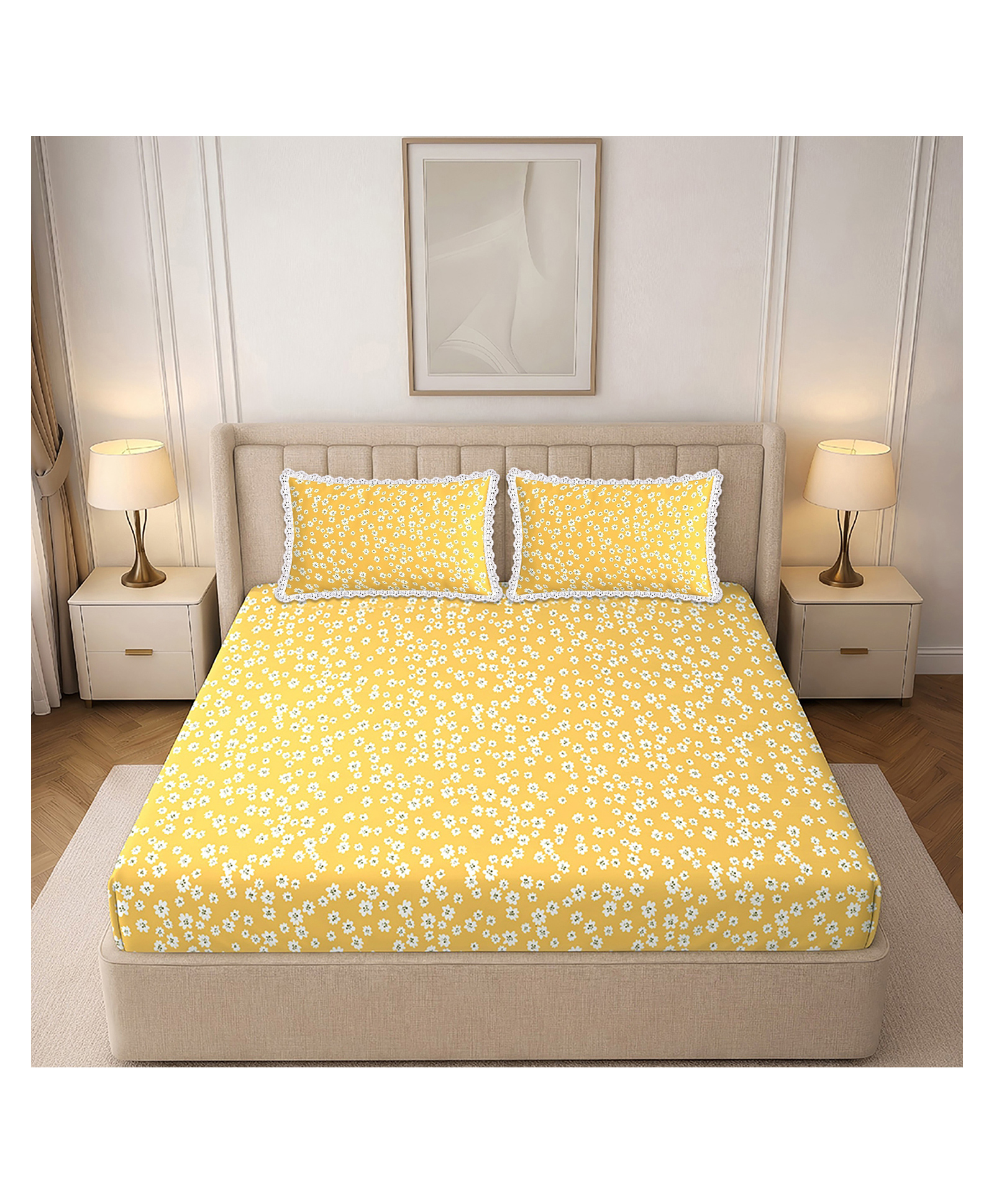Morado Premium Glace Cotton Double Flat Bedsheet with 2 Pillow Covers | Yellow Floral | Soft & Breathable | Lace Border Pillow Covers | 90x100 Inches-image-39