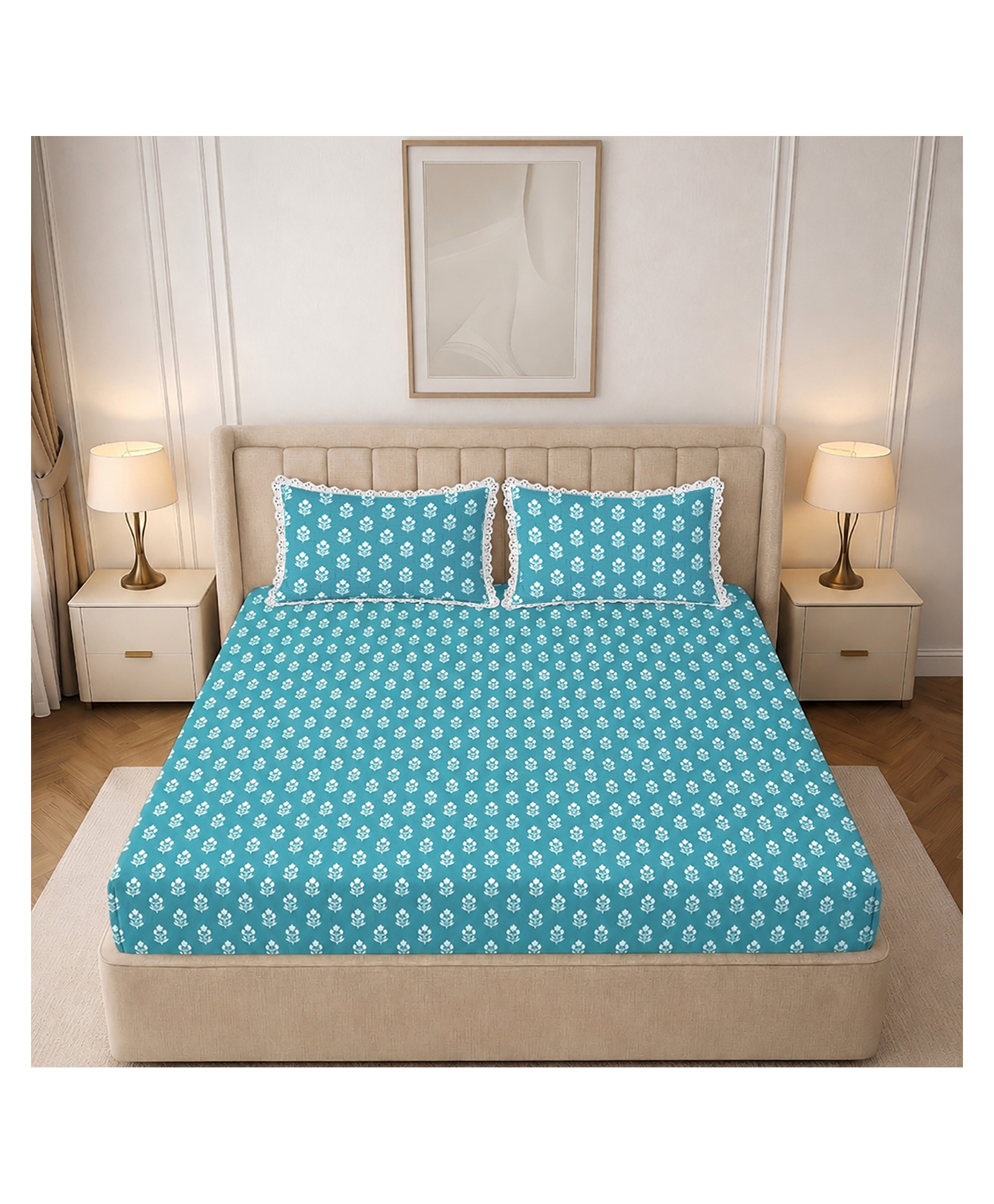 Morado Premium Glace Cotton Double Flat Bedsheet with 2 Pillow Covers | Aqua Floral | Soft & Breathable | Lace Border Pillow Covers | 90x100 Inches-image-18