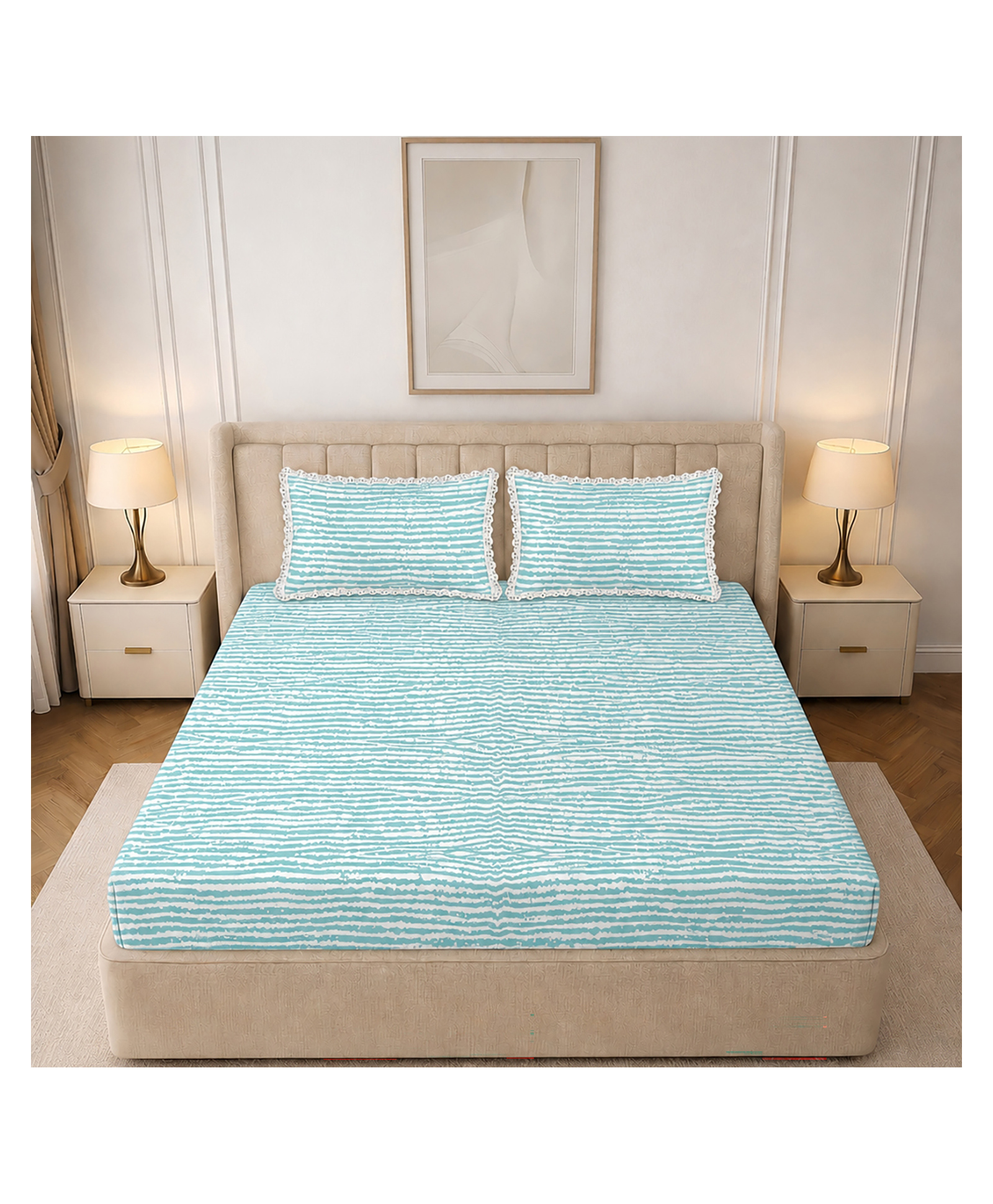 Morado Premium Glace Cotton Double Flat Bedsheet with 2 Pillow Covers | Blue Map | Soft & Breathable | Lace Border Pillow Covers | 90x100 Inches-picture-46
