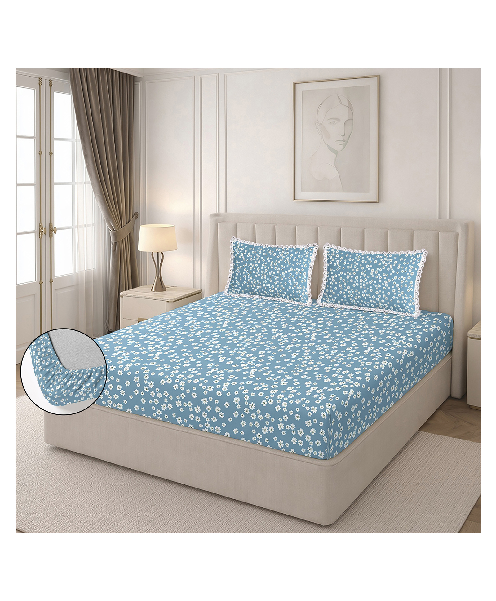 Morado Premium Glace Cotton Double Fitted Bedsheet with 2 Pillow Covers | Soft & Breathable | Elegant Lace Border Pillow Covers | 72x78x8 Inches-picture-11