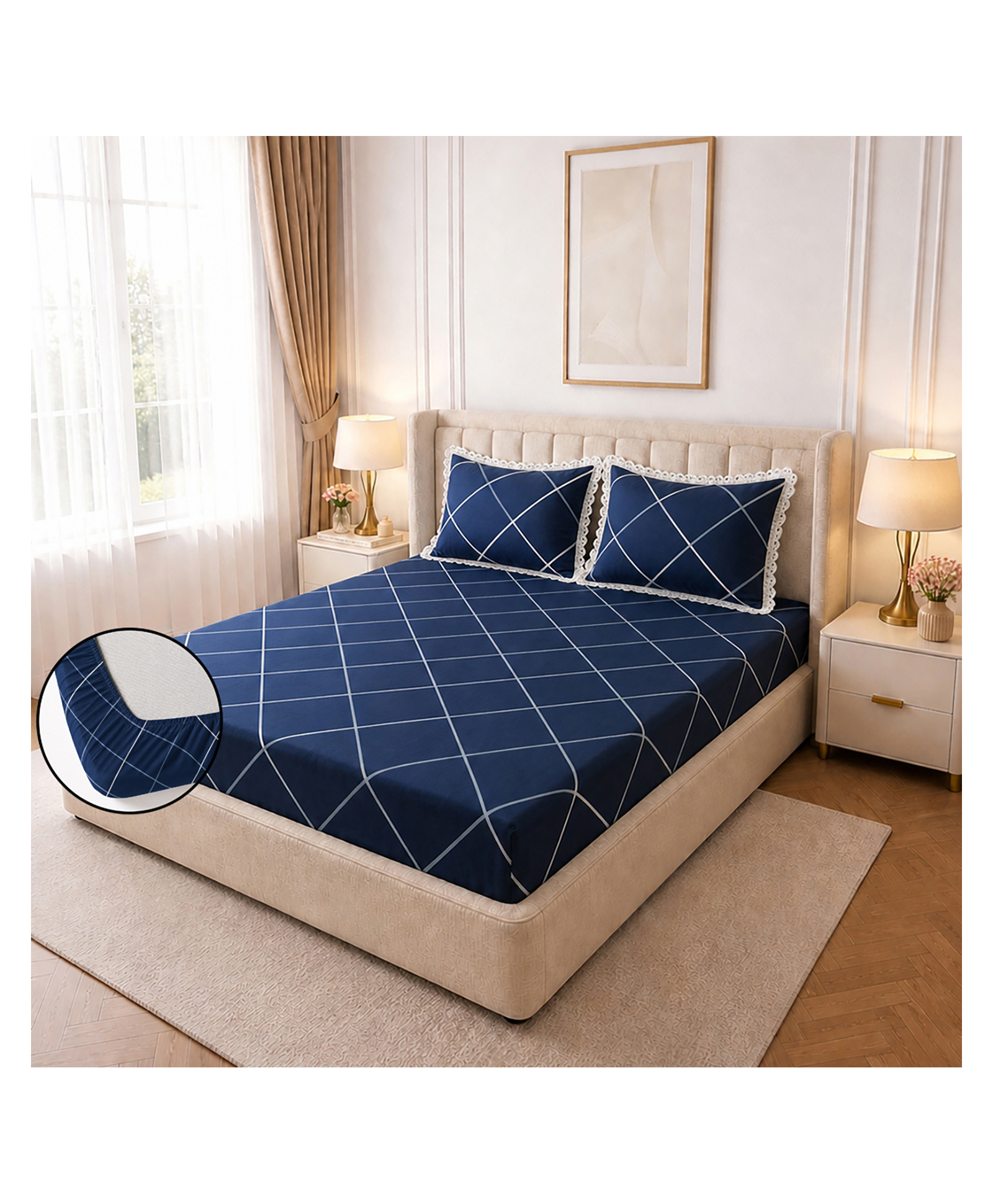 Morado Premium Glace Cotton Double Fitted Bedsheet with 2 Pillow Covers | Soft & Breathable | Elegant Lace Border Pillow Covers | 72x78x8 Inches-image-33
