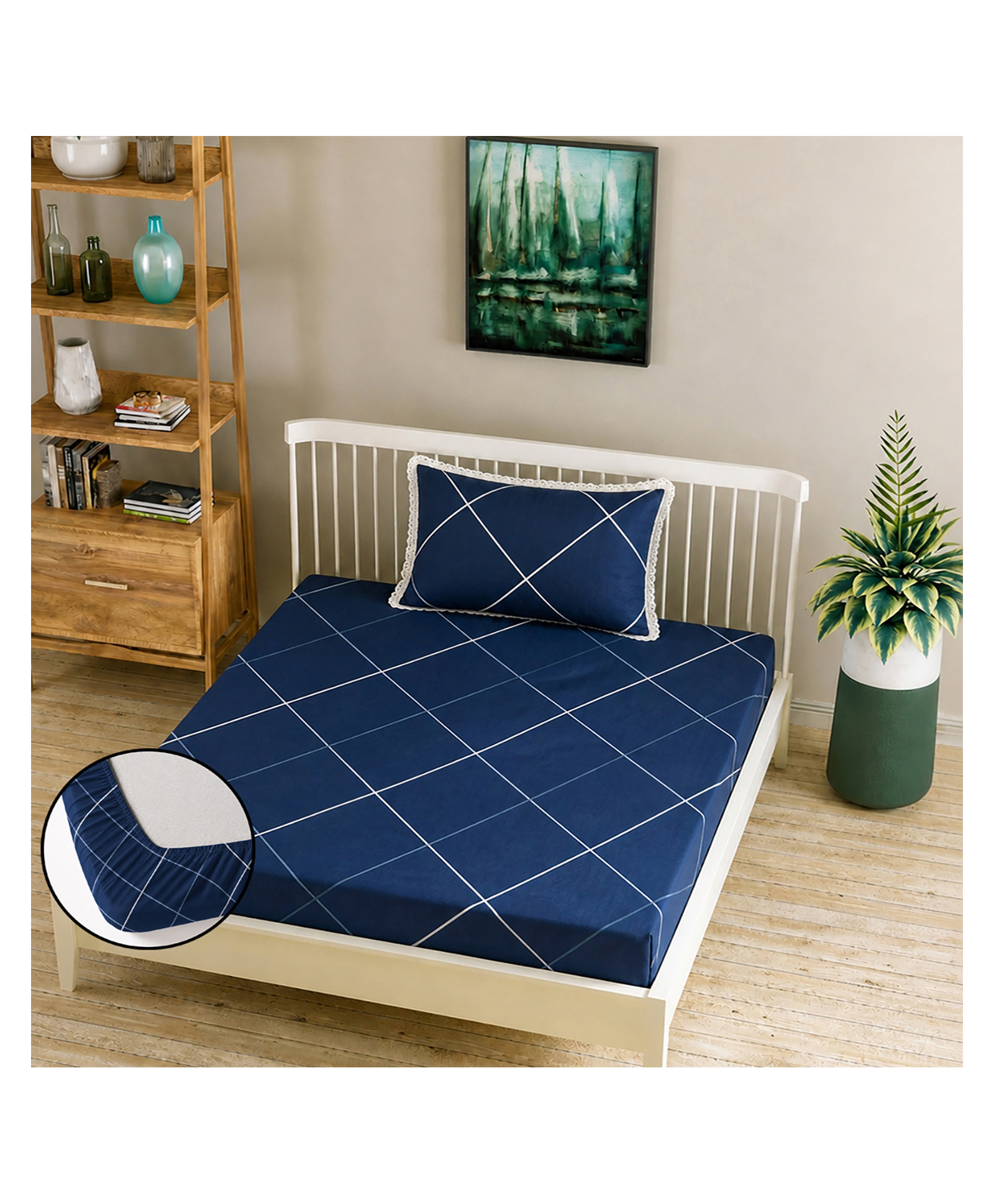 Morado Premium Glace Cotton Single Fitted Bedsheet with 1 Pillow Cover | Soft & Breathable | Elegant Lace Border Pillow Cover | 36x78x8 Inches-image-25