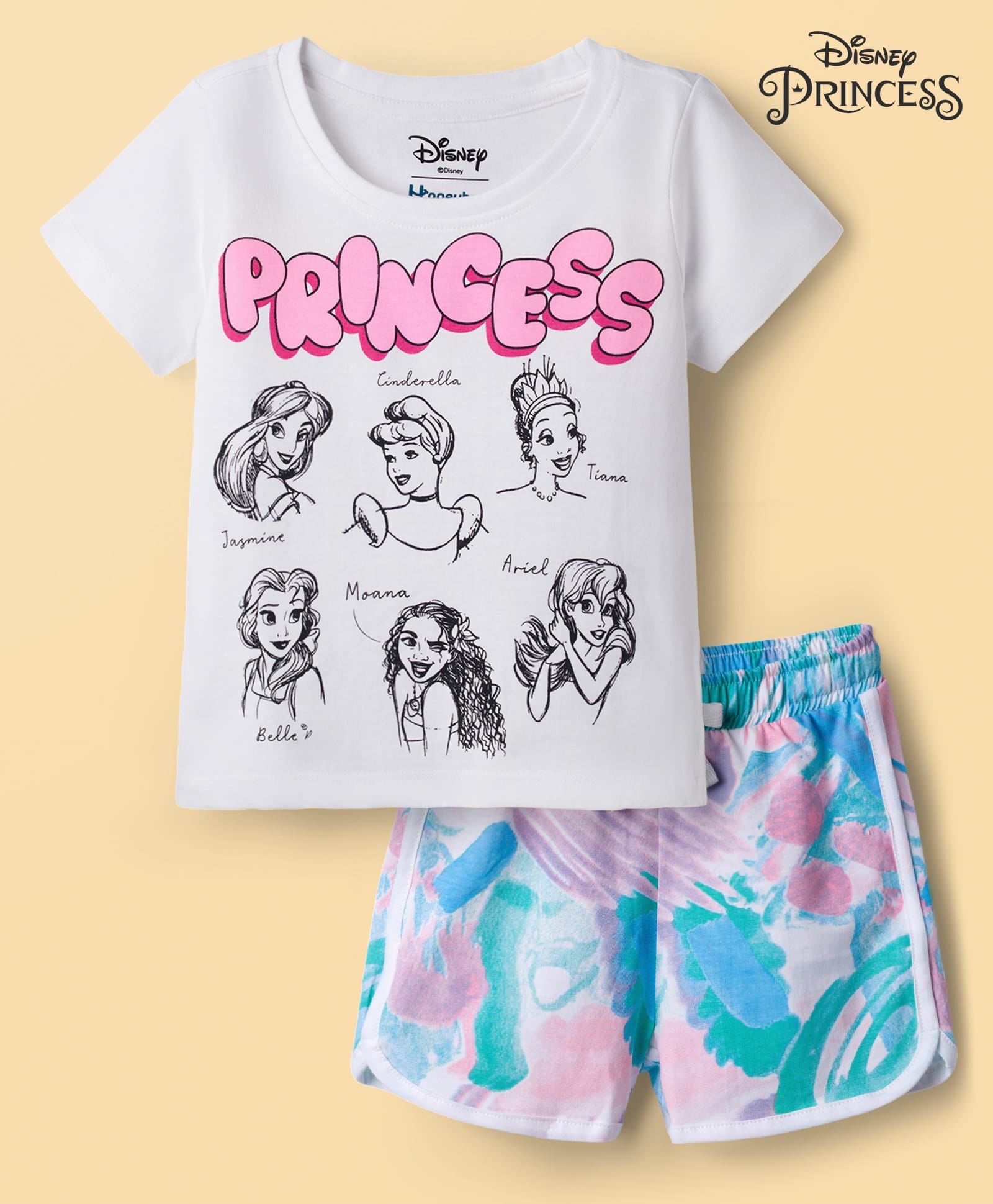 HoneyHap Disney 100% Cotton Knit Half Sleeves T-Shirt & Shorts Set With Disney Princess Graphic - Light Blue-image-36